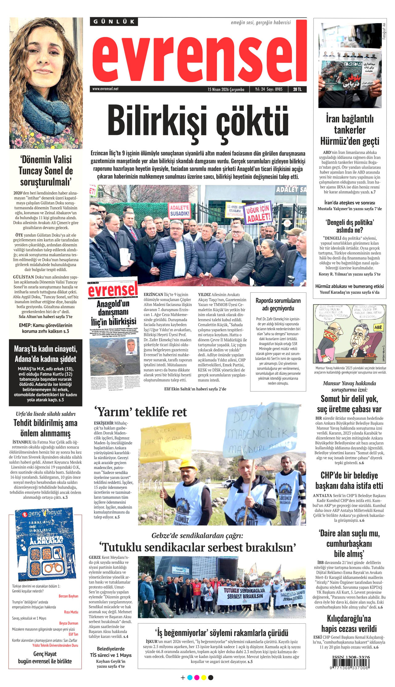 EVRENSEL gazetesinin 15 Nisan 2026 tarihli birinci sayfası