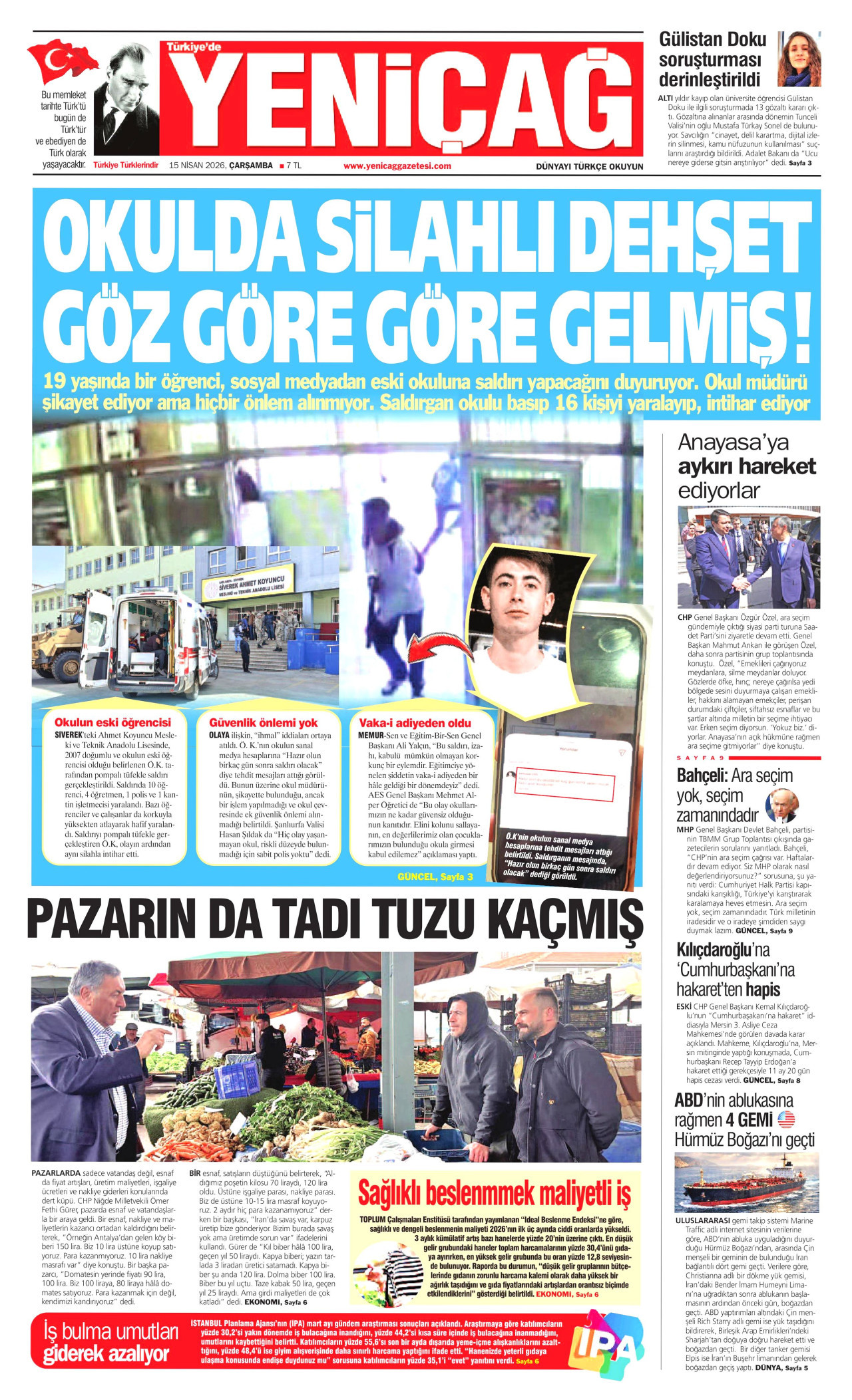 YENİÇAĞ gazetesinin 15 Nisan 2026 tarihli birinci sayfası