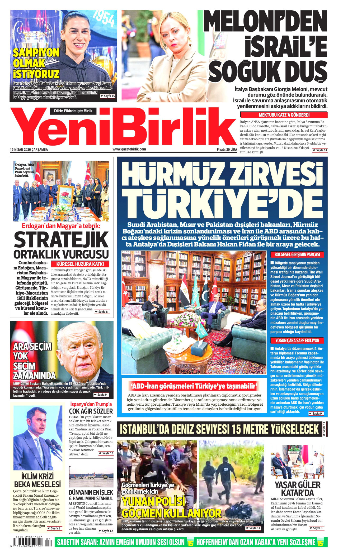 YENİBİRLİK gazetesinin 15 Nisan 2026 tarihli birinci sayfası