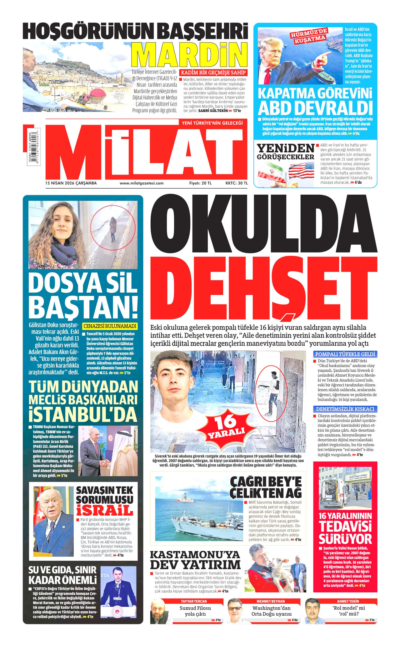 MİLAT gazetesinin 15 Nisan 2026 tarihli birinci sayfası