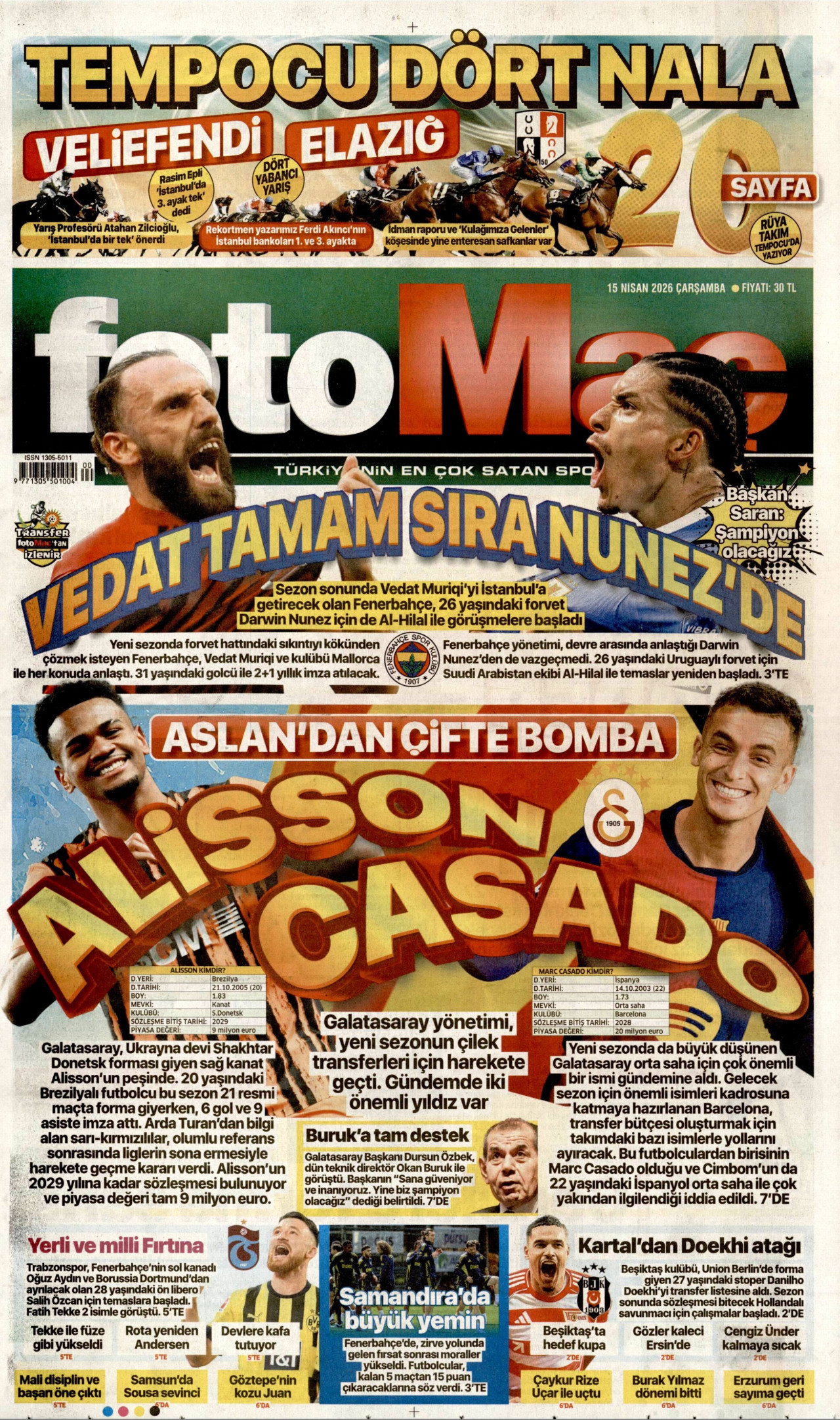 FOTOMAÇ gazetesinin 15 Nisan 2026 tarihli birinci sayfası