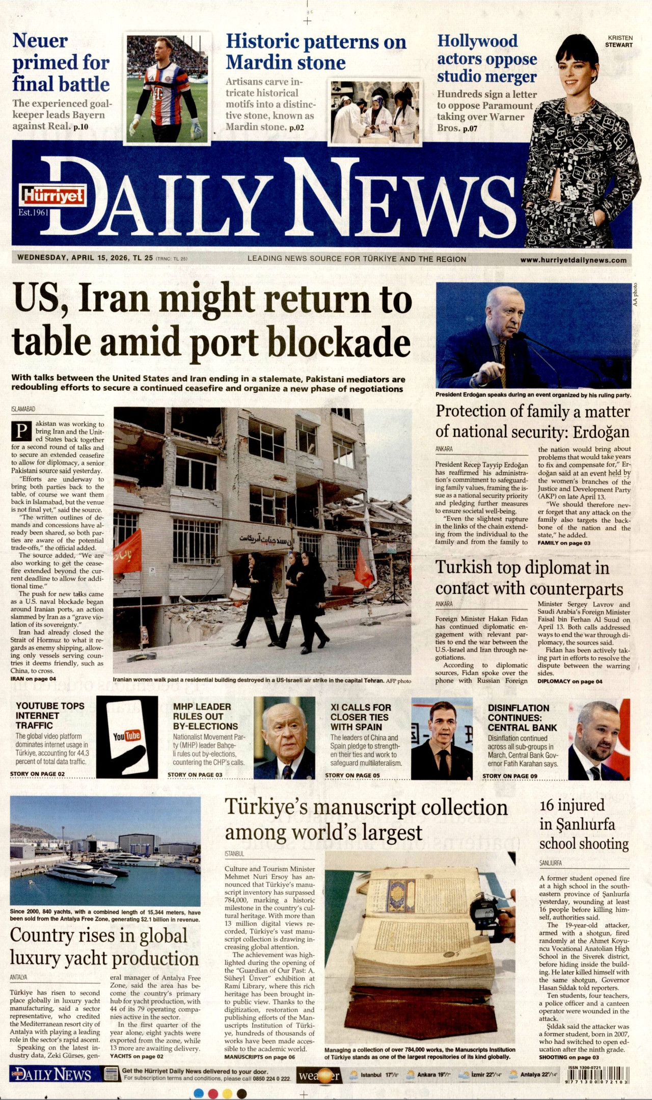 HÜRRİYET DAİLY NEWS gazetesinin 15 Nisan 2026 tarihli birinci sayfası