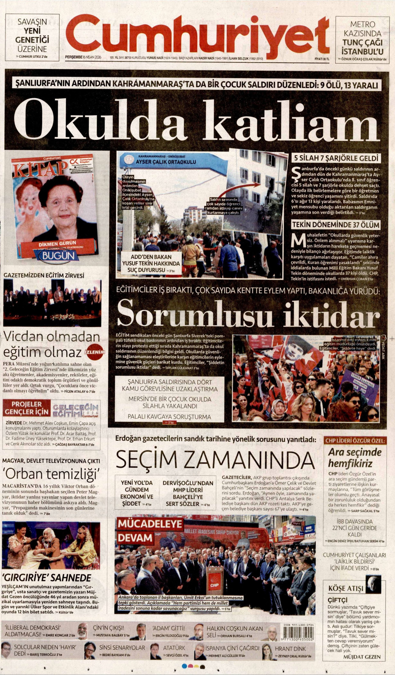 CUMHURİYET gazetesinin 16 Nisan 2026 tarihli birinci sayfası