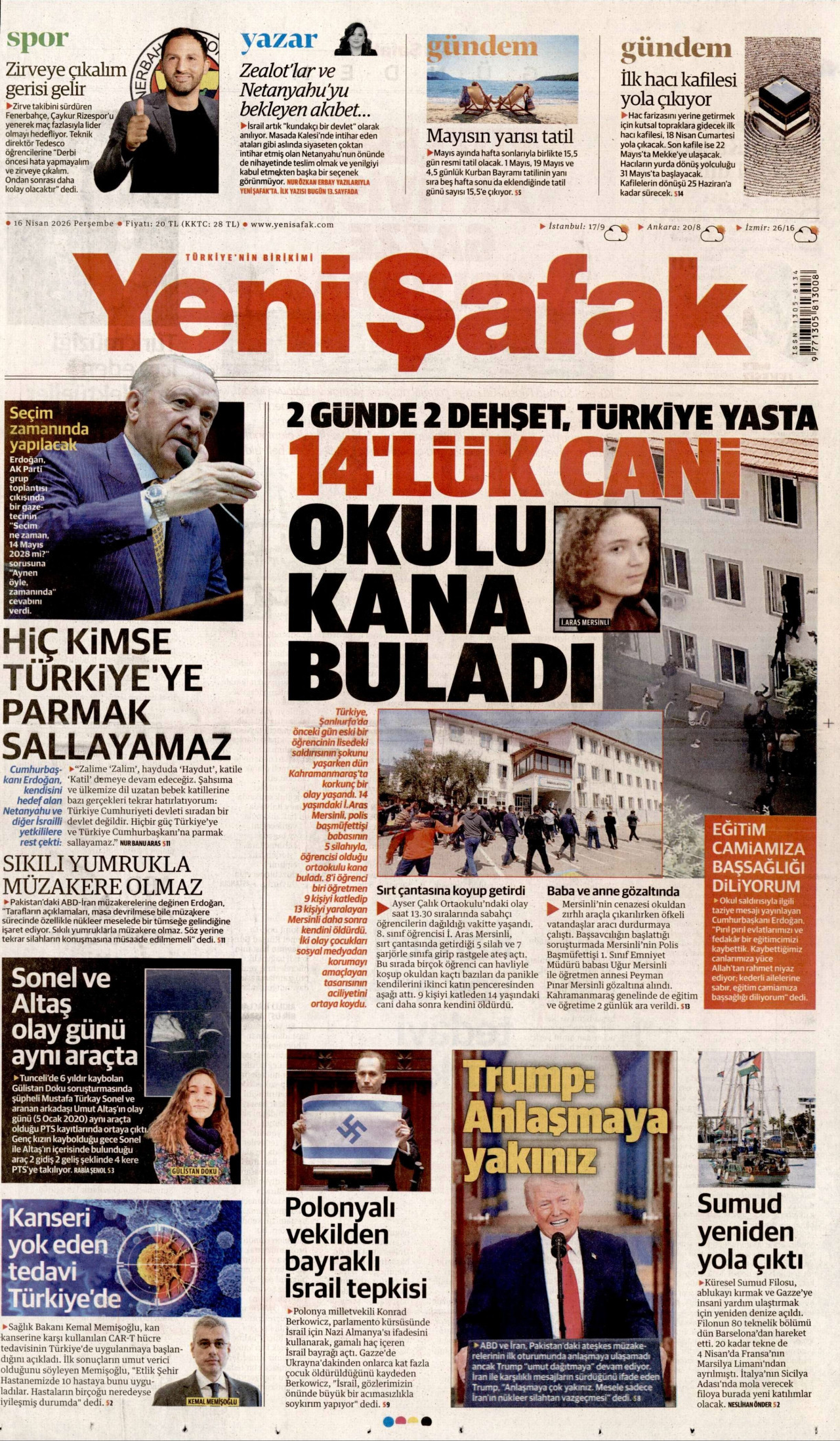 YENİ ŞAFAK gazetesinin 16 Nisan 2026 tarihli birinci sayfası