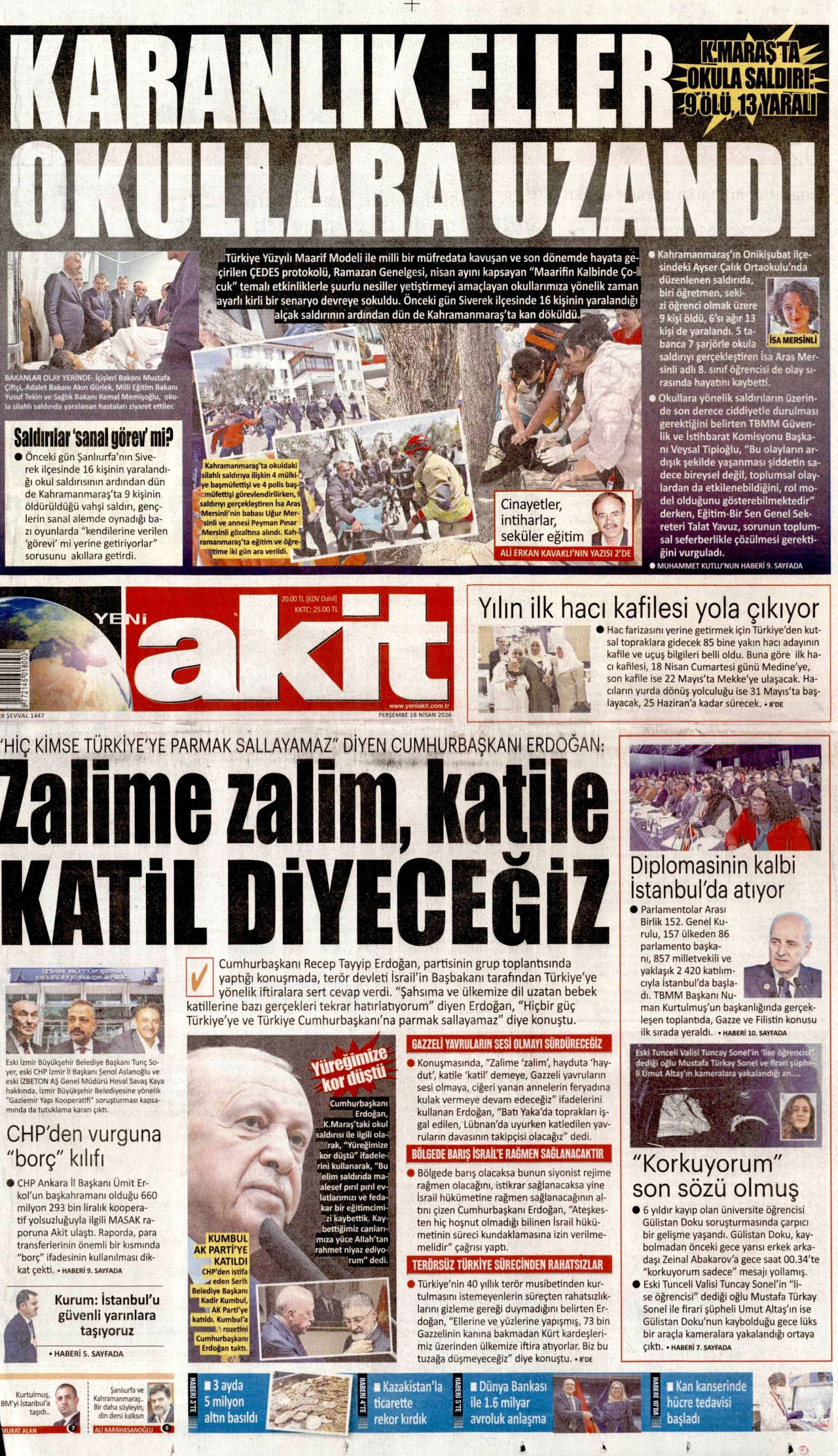YENİ AKİT gazetesinin 16 Nisan 2026 tarihli birinci sayfası