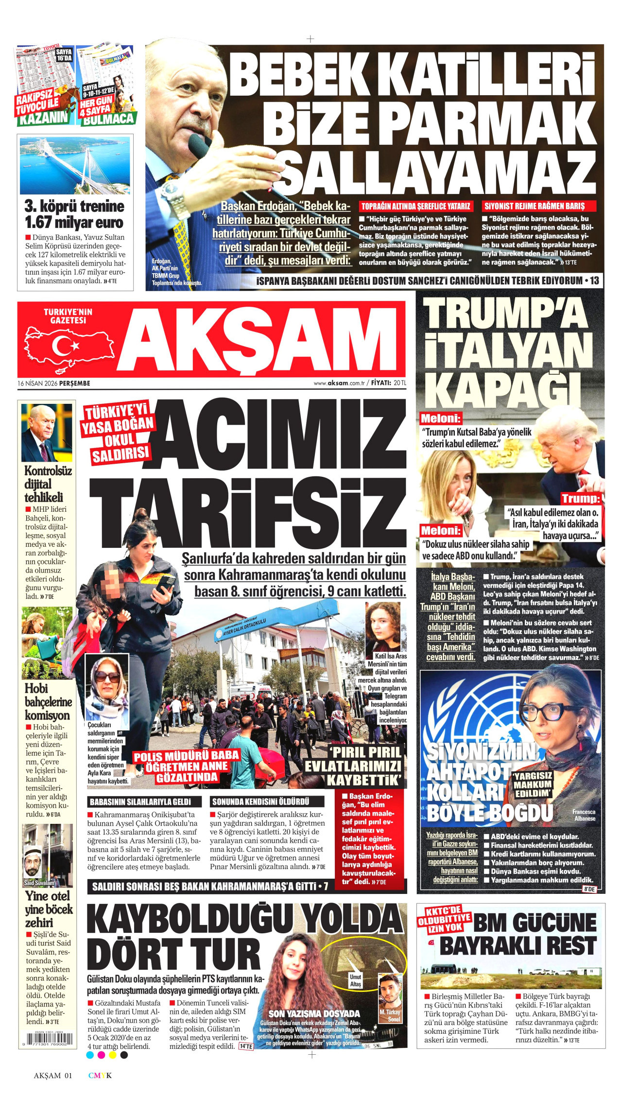 AKŞAM gazetesinin 16 Nisan 2026 tarihli birinci sayfası