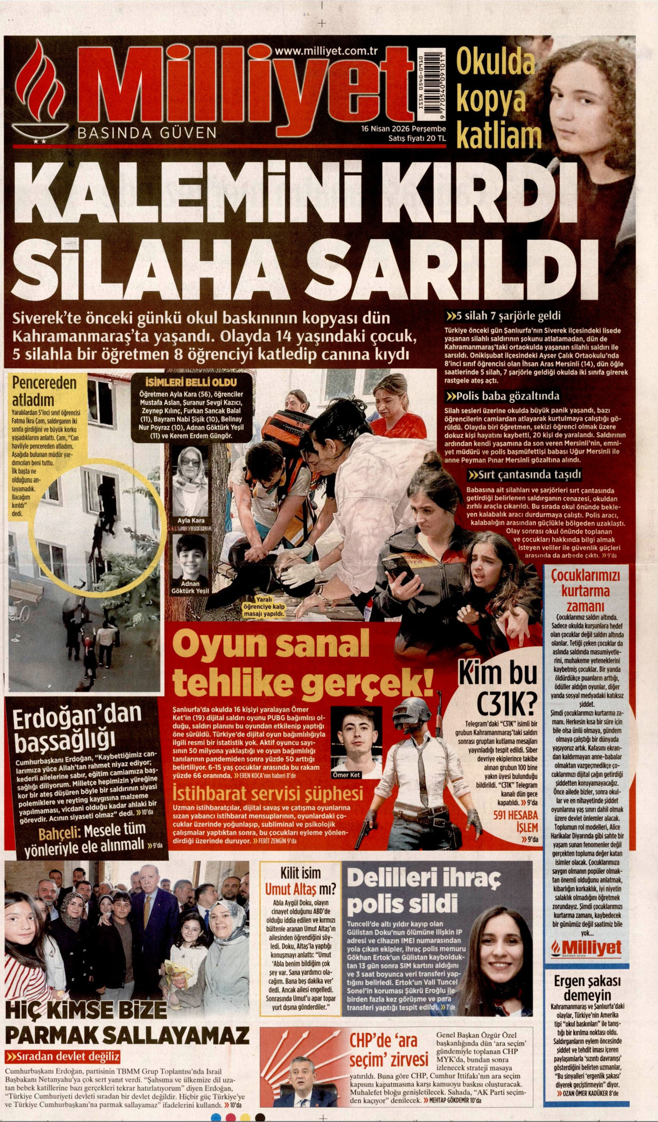 MİLLİYET gazetesinin 16 Nisan 2026 tarihli birinci sayfası