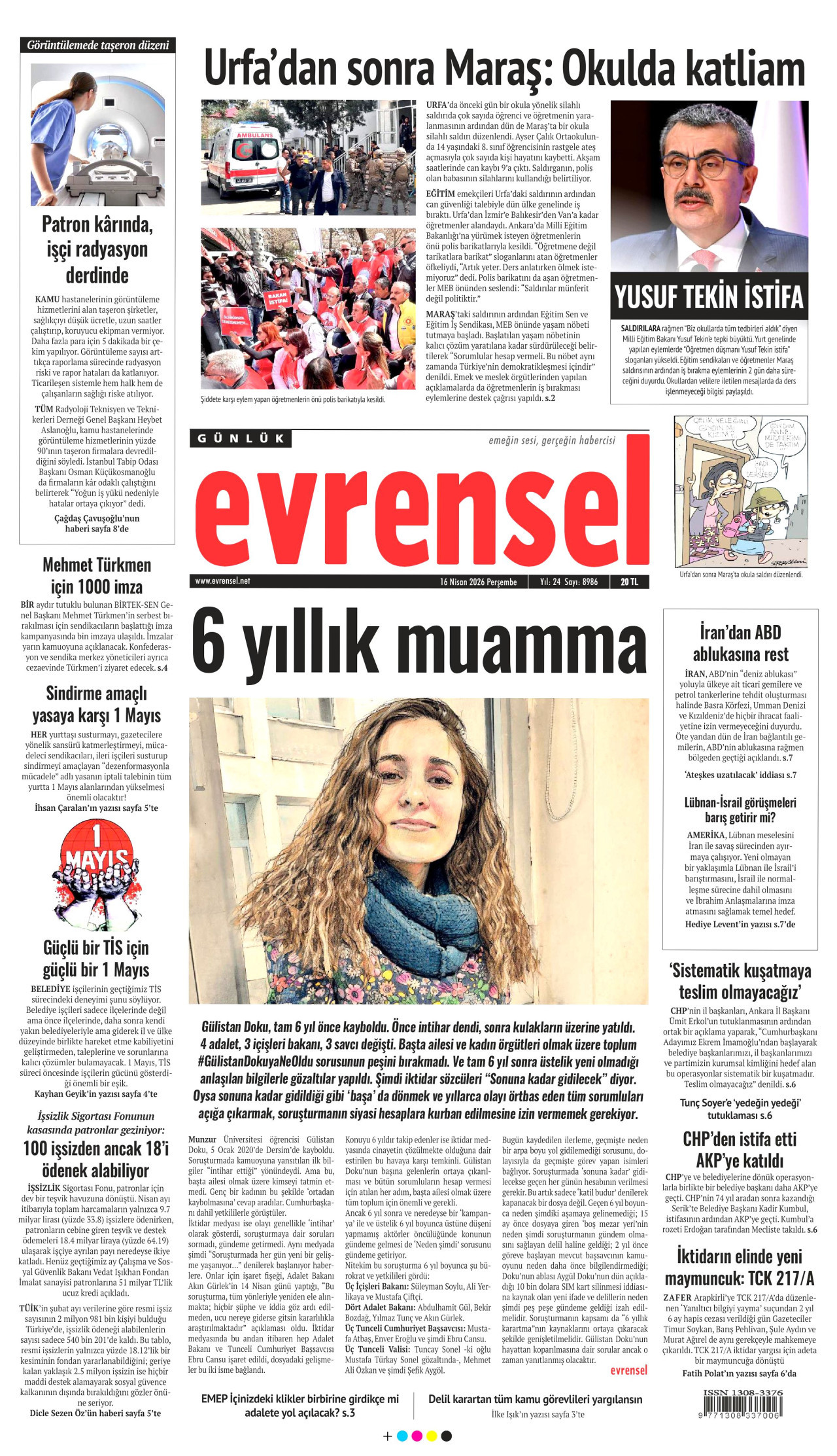EVRENSEL gazetesinin 16 Nisan 2026 tarihli birinci sayfası