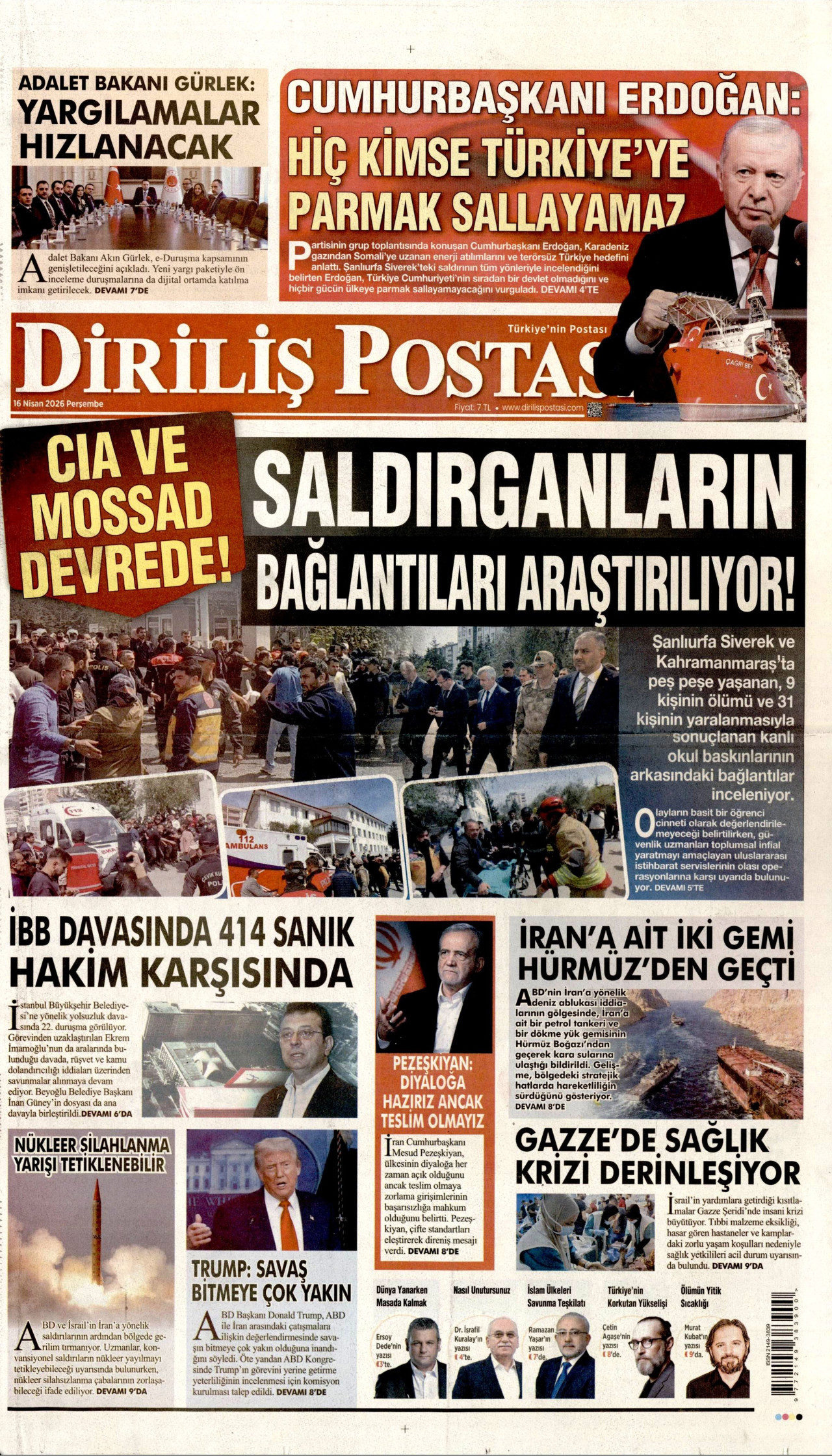 DİRİLİŞ POSTASI gazetesinin 16 Nisan 2026 tarihli birinci sayfası
