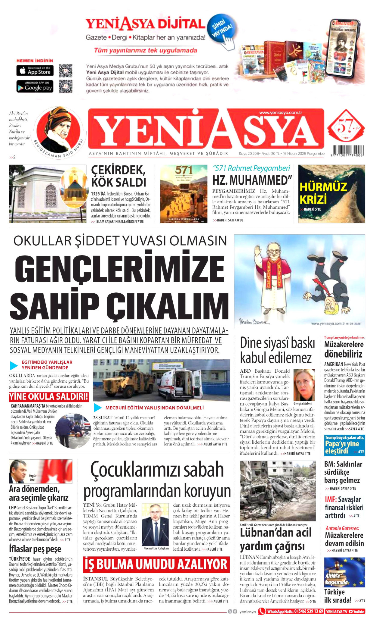 YENİ ASYA gazetesinin 16 Nisan 2026 tarihli birinci sayfası