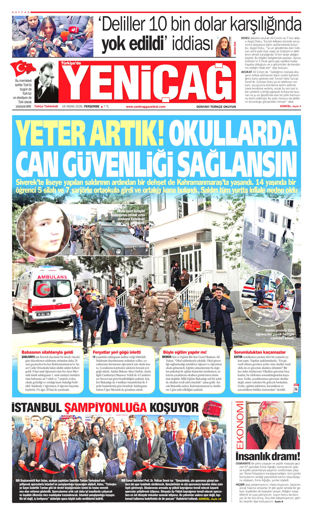 YENİÇAĞ gazetesinin 16 Nisan 2026 tarihli birinci sayfası