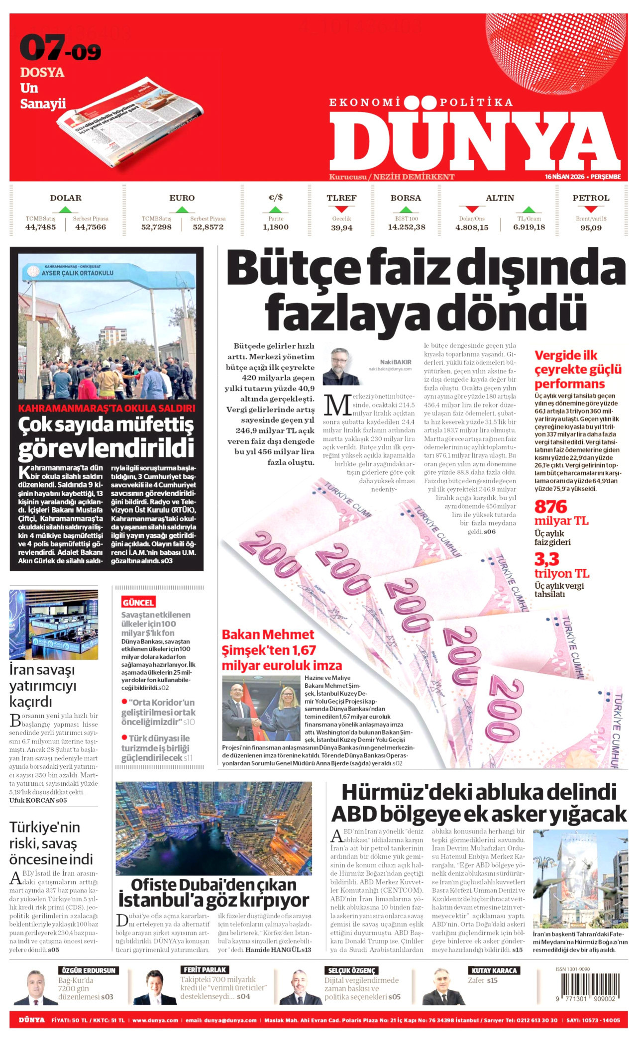 DÜNYA gazetesinin 16 Nisan 2026 tarihli birinci sayfası