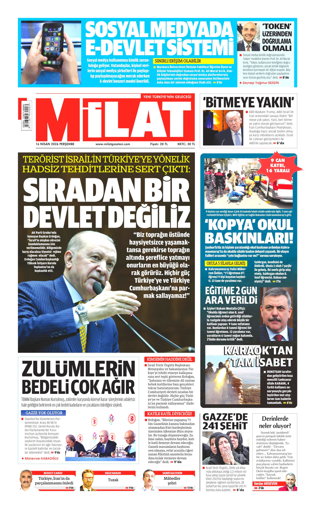 MİLAT gazetesinin 16 Nisan 2026 tarihli birinci sayfası