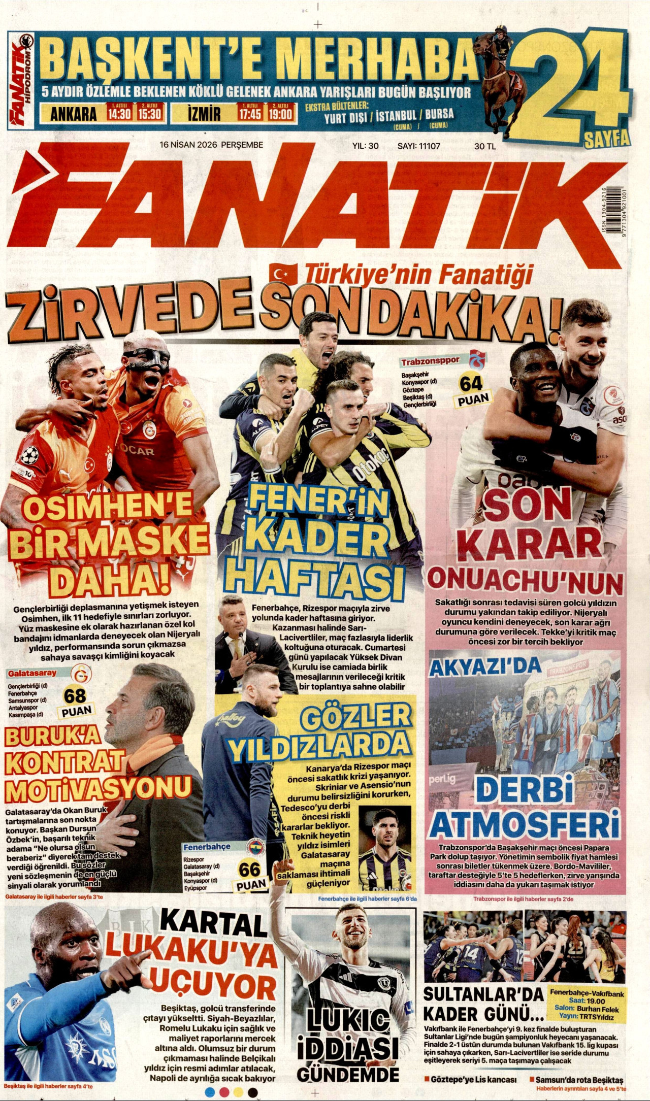 FANATİK gazetesinin 16 Nisan 2026 tarihli birinci sayfası