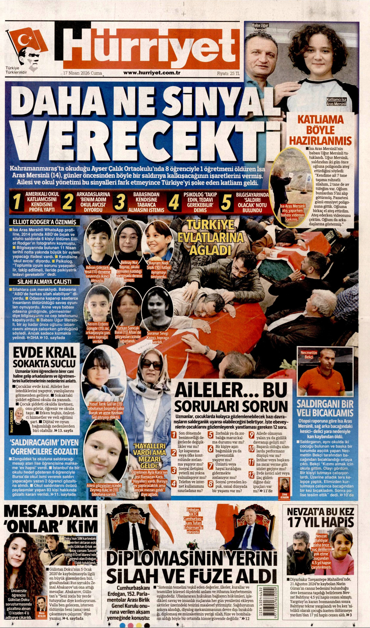 HÜRRİYET gazetesinin 17 Nisan 2026 tarihli birinci sayfası