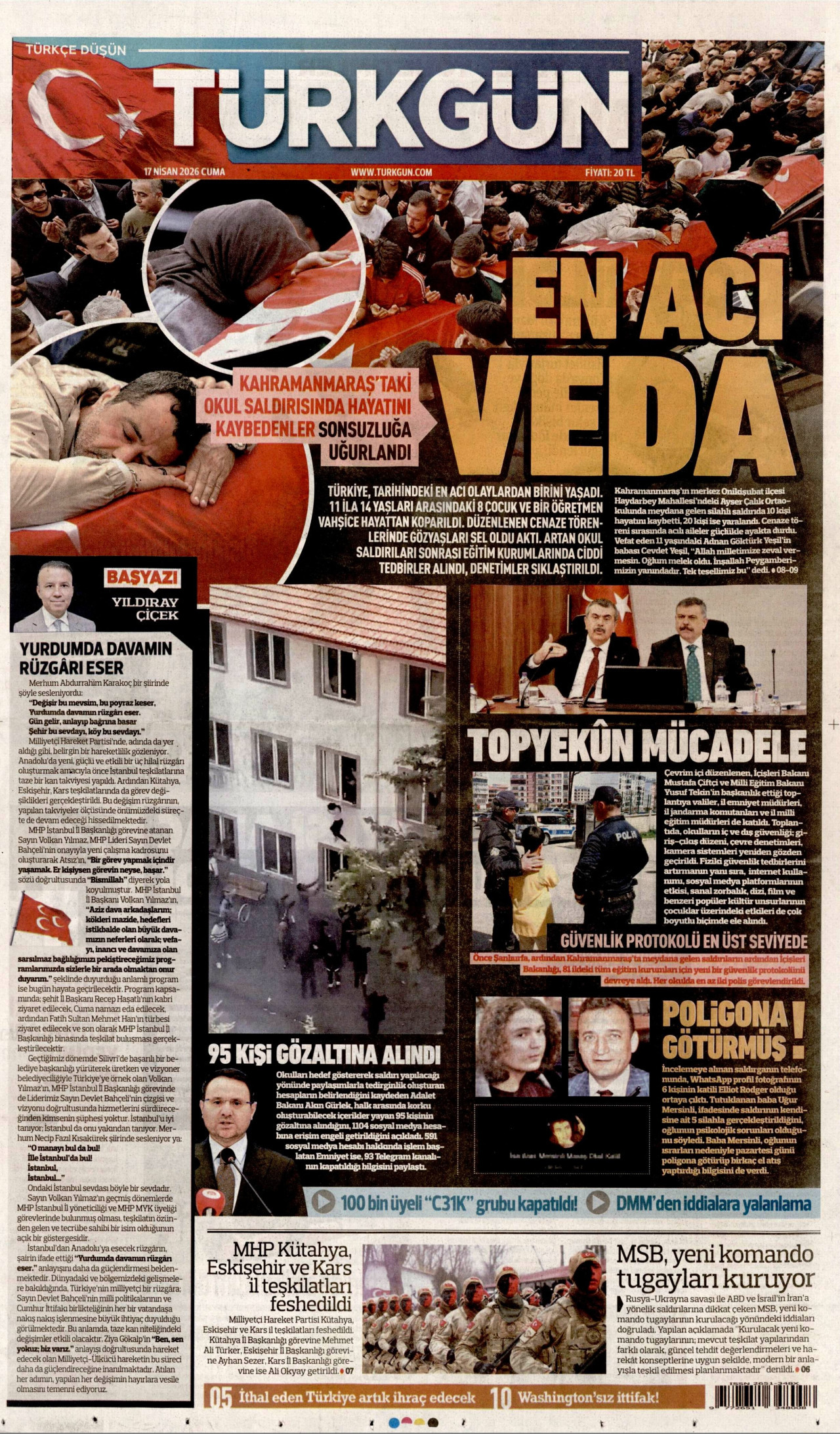TÜRKGÜN gazetesinin 17 Nisan 2026 tarihli birinci sayfası