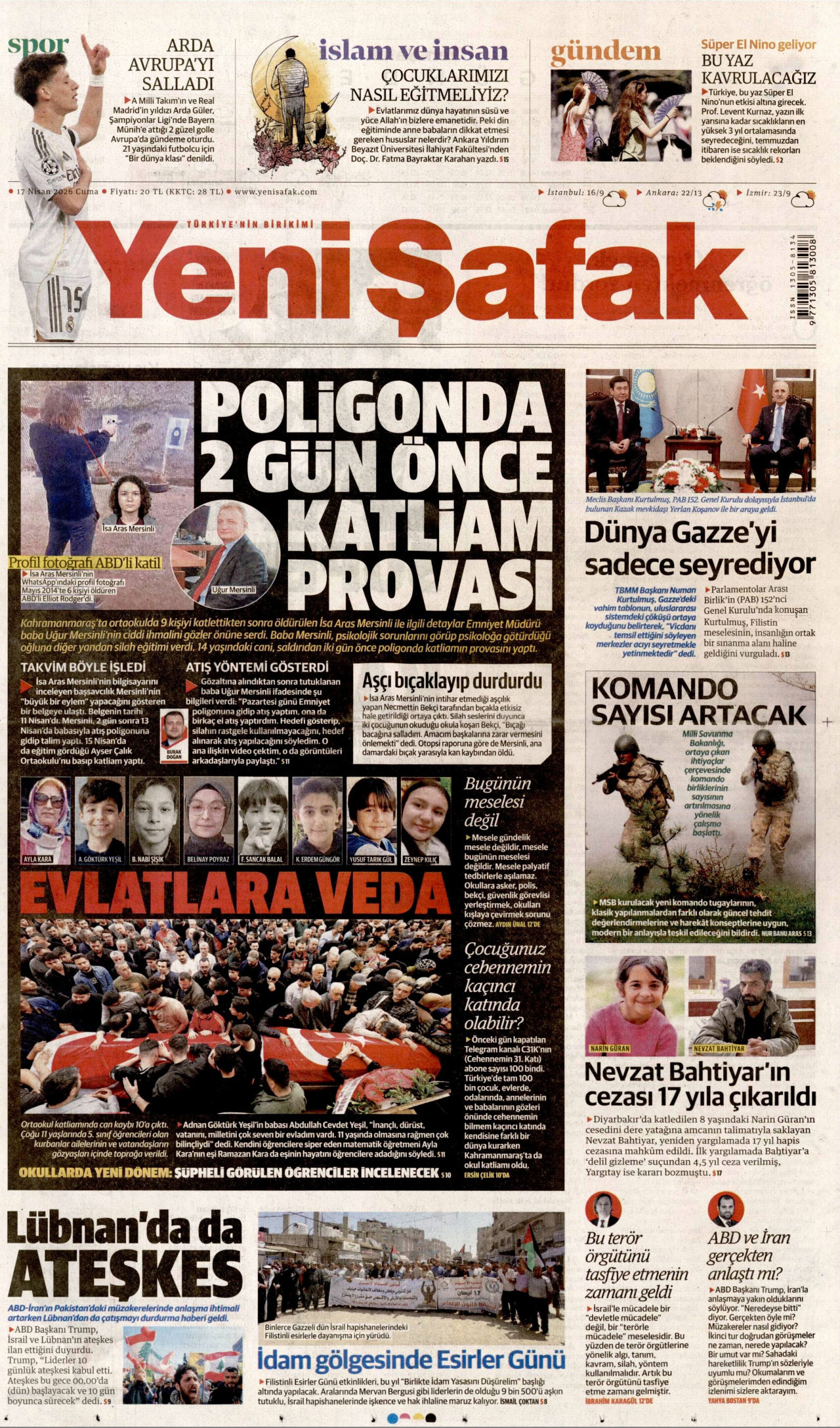 YENİ ŞAFAK gazetesinin 17 Nisan 2026 tarihli birinci sayfası