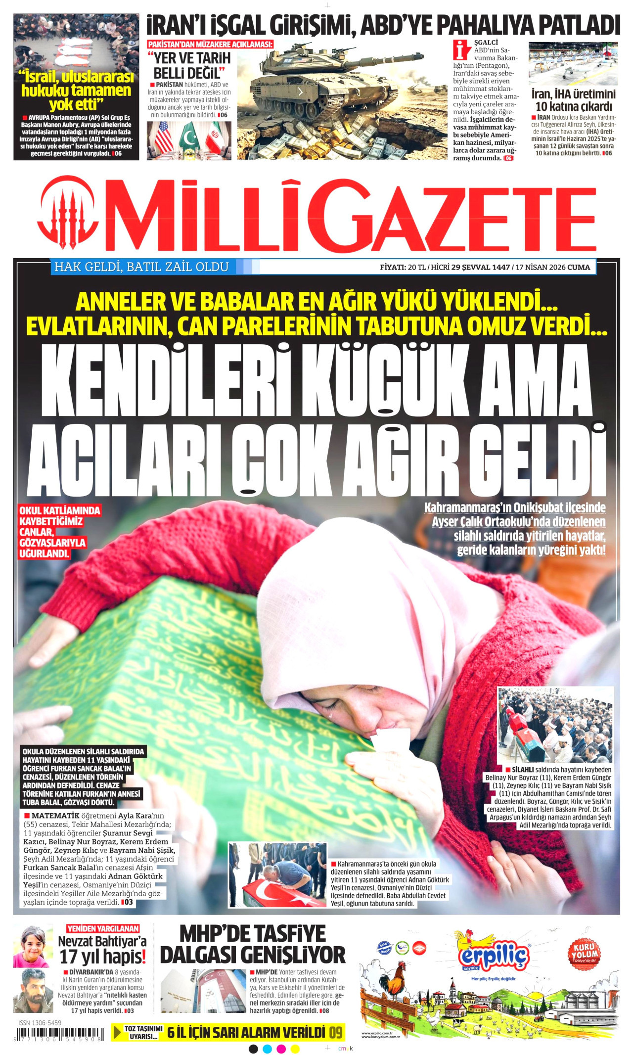 MİLLİ GAZETE gazetesinin 17 Nisan 2026 tarihli birinci sayfası