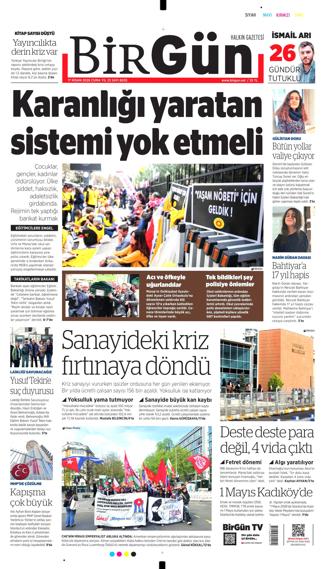 BİRGÜN gazetesinin 17 Nisan 2026 tarihli birinci sayfası