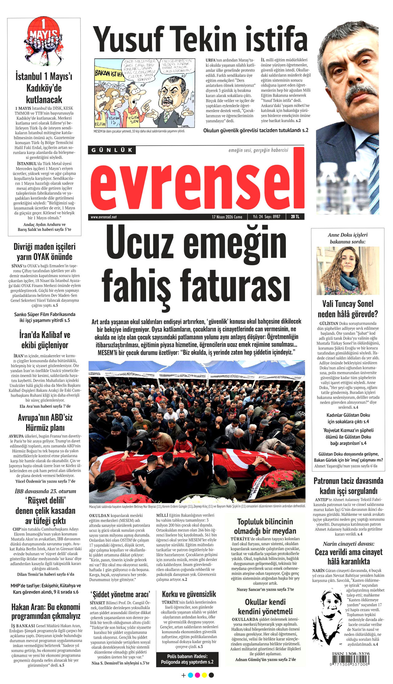 EVRENSEL gazetesinin 17 Nisan 2026 tarihli birinci sayfası