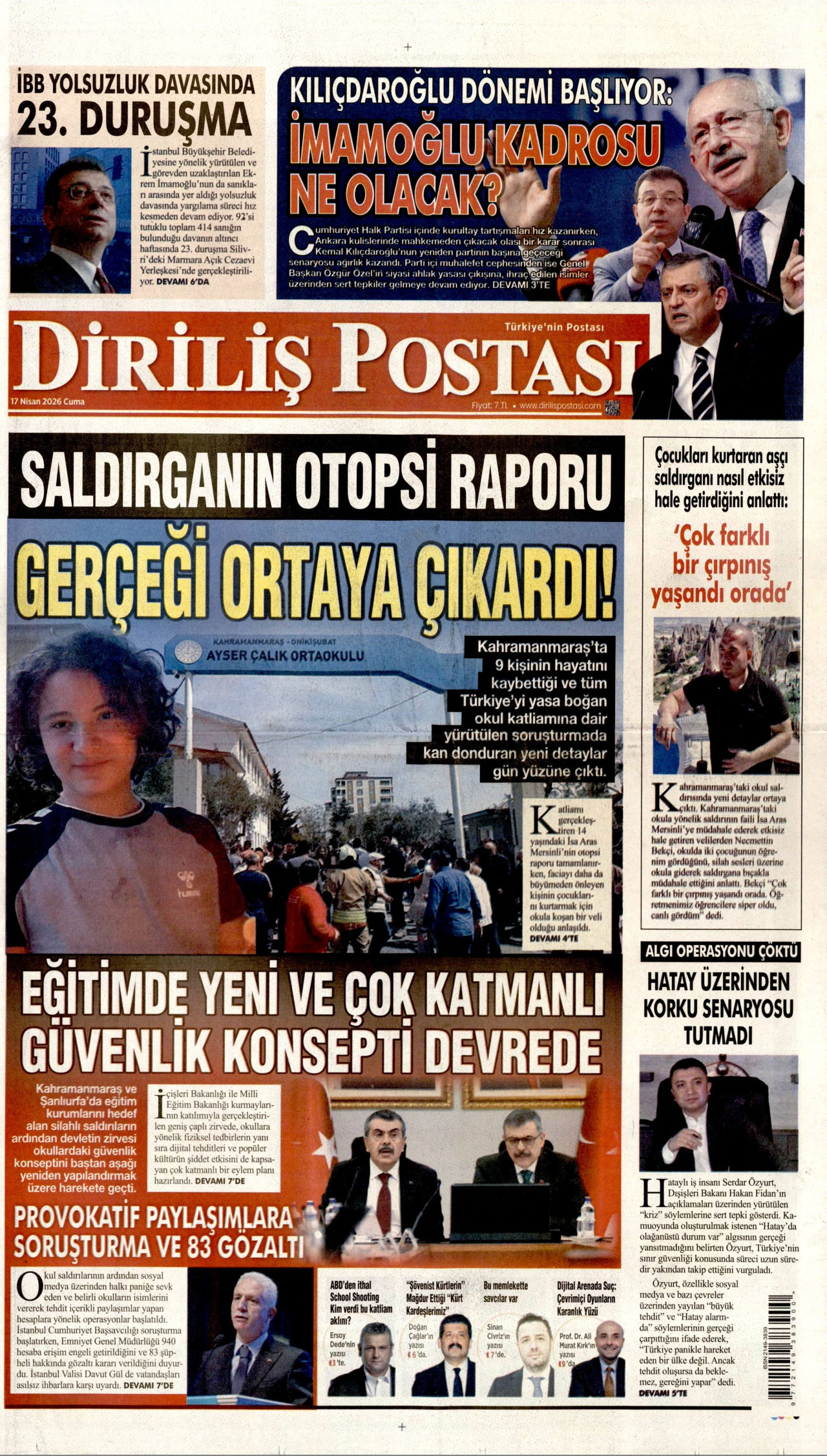DİRİLİŞ POSTASI gazetesinin 17 Nisan 2026 tarihli birinci sayfası
