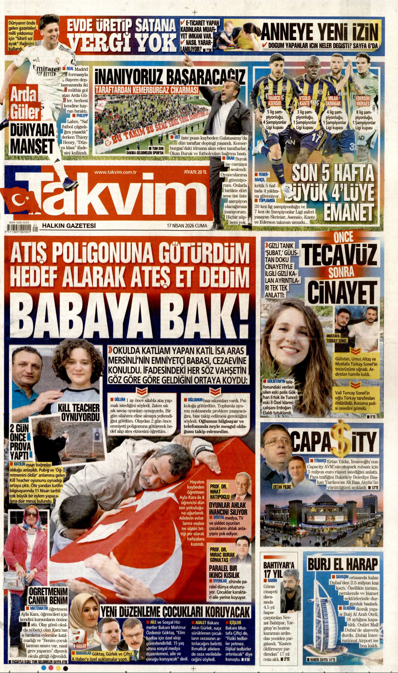 TAKVİM gazetesinin 17 Nisan 2026 tarihli birinci sayfası