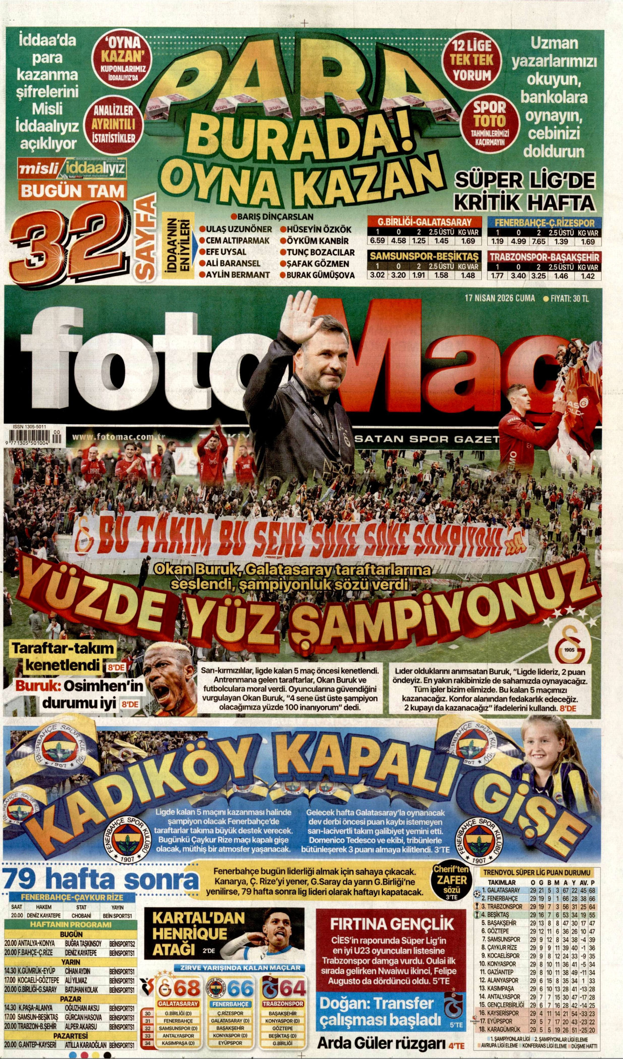 FOTOMAÇ gazetesinin 17 Nisan 2026 tarihli birinci sayfası