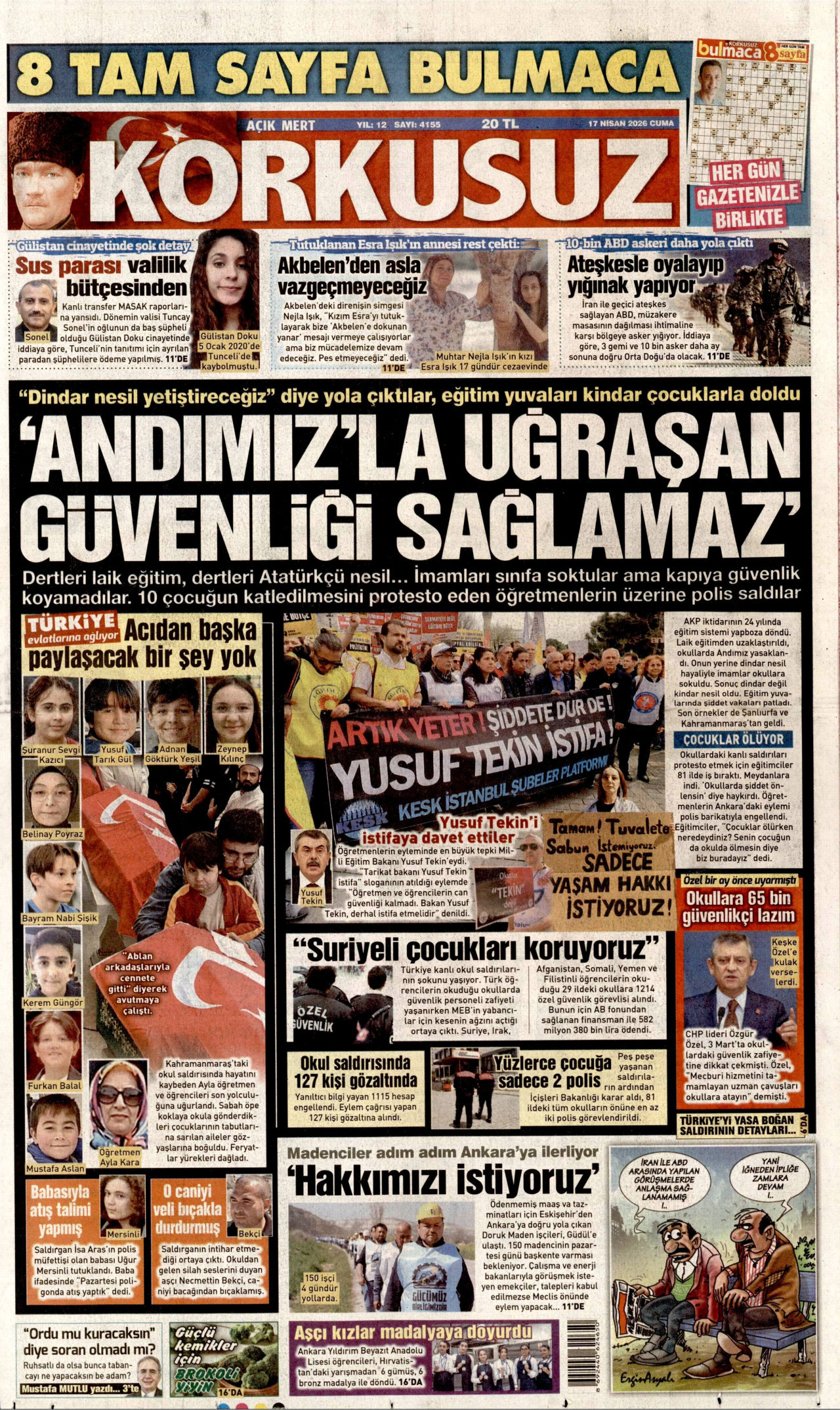 KORKUSUZ gazetesinin 17 Nisan 2026 tarihli birinci sayfası