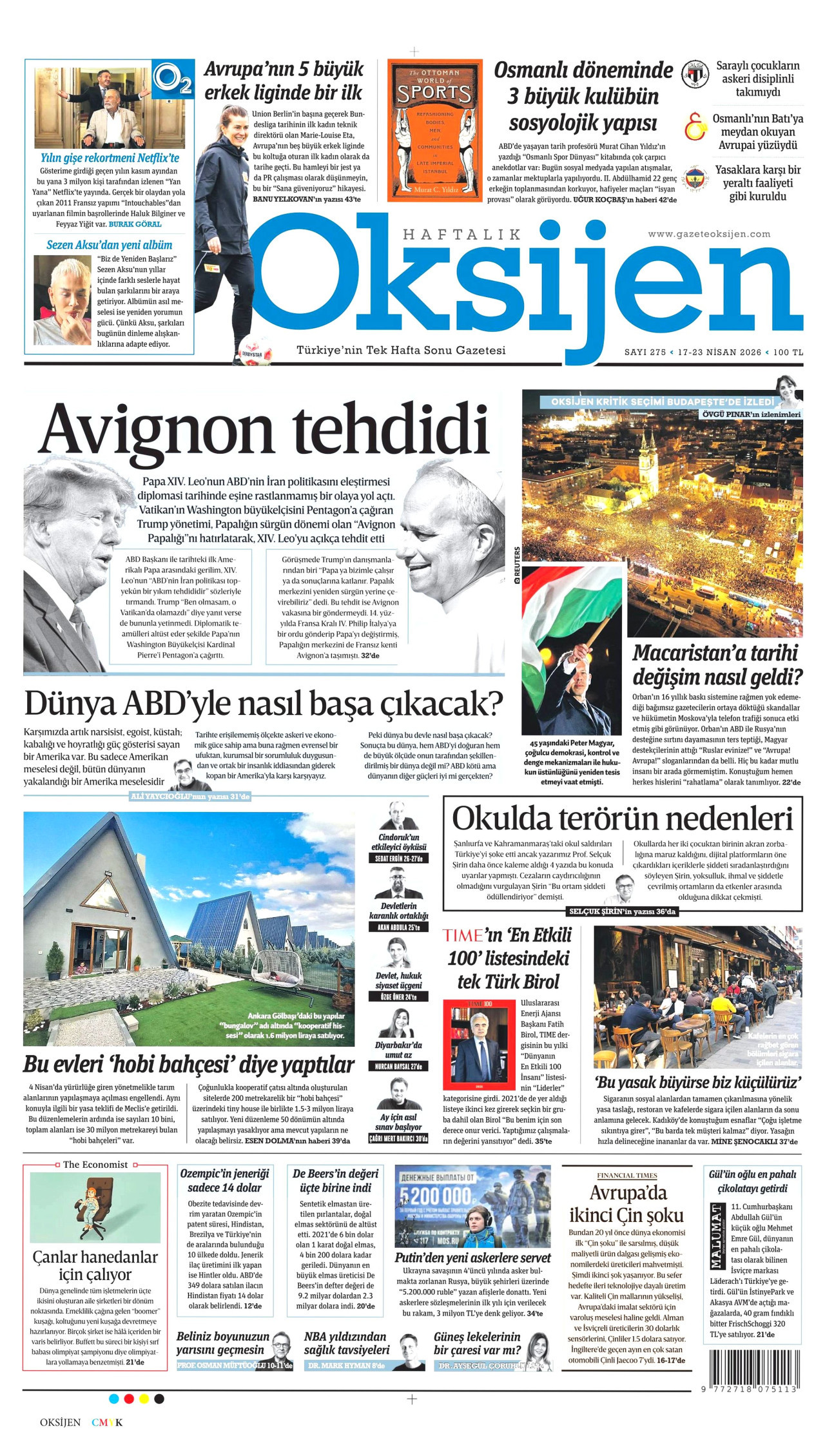 OKSİJEN gazetesinin 17 Nisan 2026 tarihli birinci sayfası