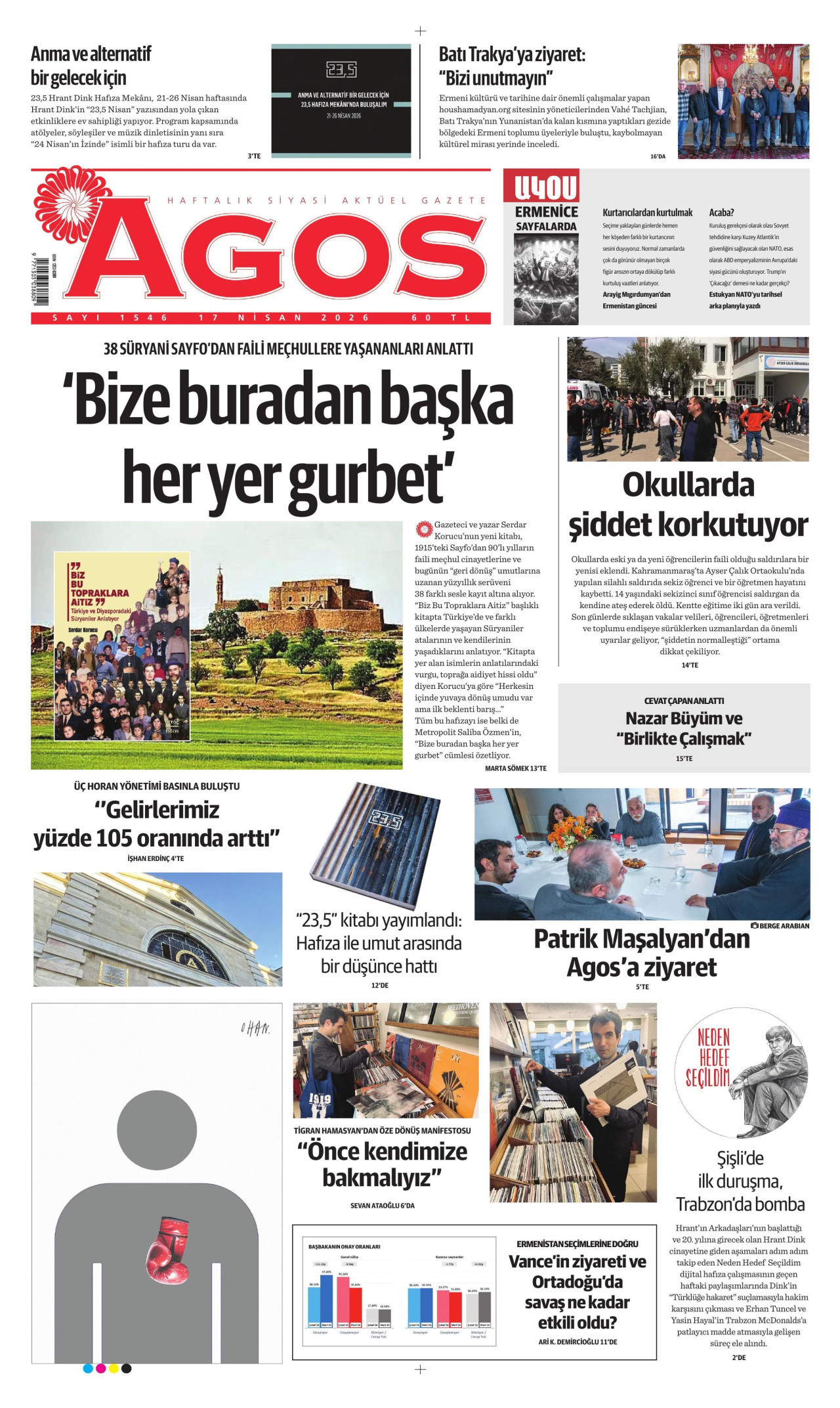AGOS gazetesinin 17 Nisan 2026 tarihli birinci sayfası