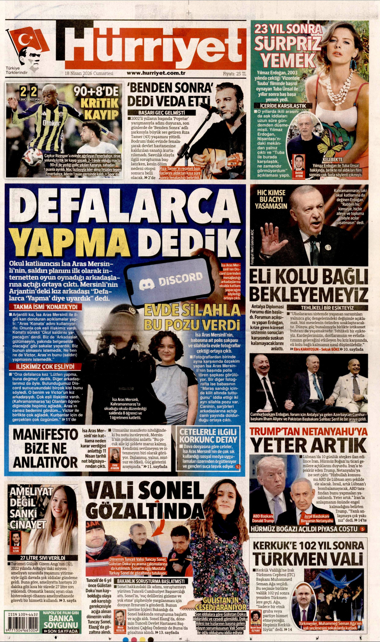 HÜRRİYET gazetesinin 18 Nisan 2026 tarihli birinci sayfası
