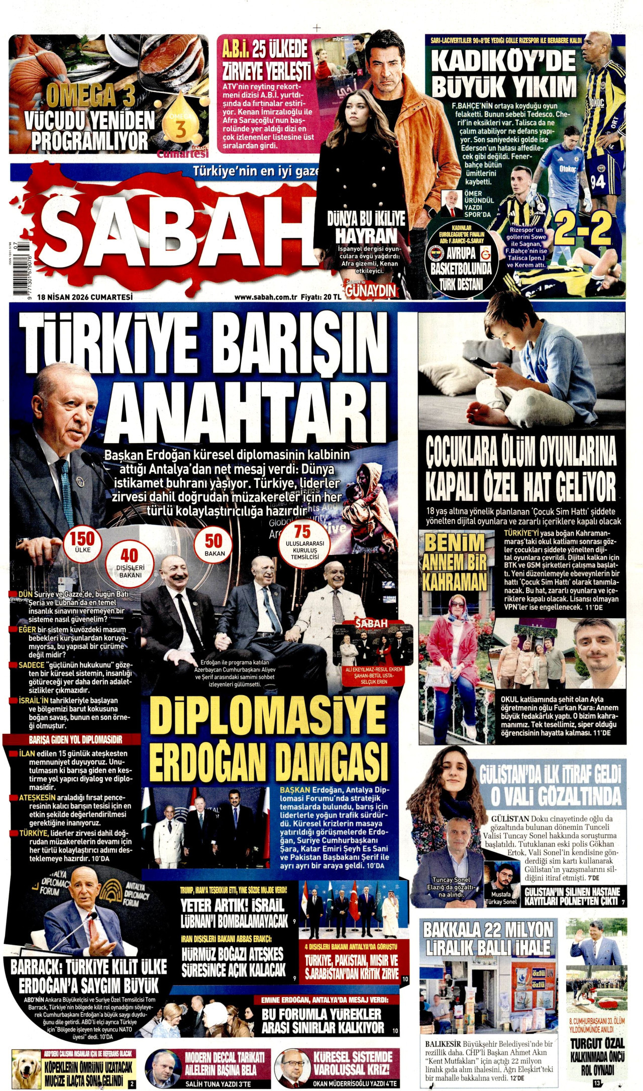 SABAH gazetesinin 18 Nisan 2026 tarihli birinci sayfası