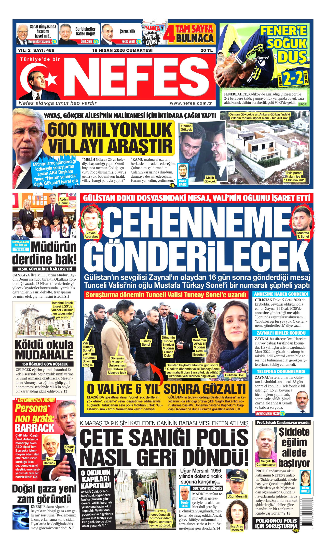 NEFES gazetesinin 18 Nisan 2026 tarihli birinci sayfası