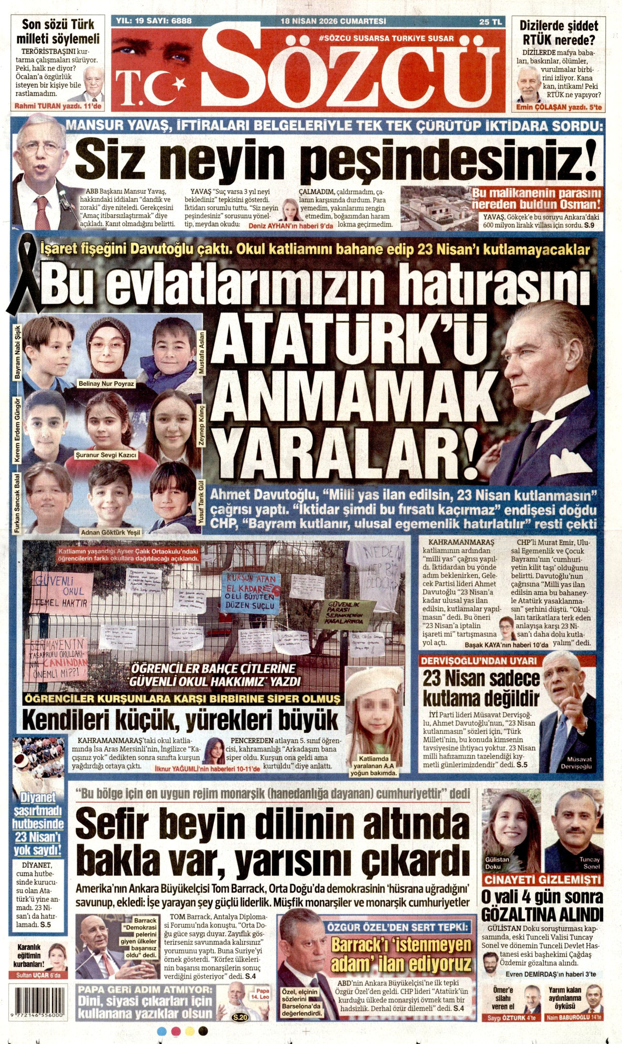 SÖZCÜ gazetesinin 18 Nisan 2026 tarihli birinci sayfası