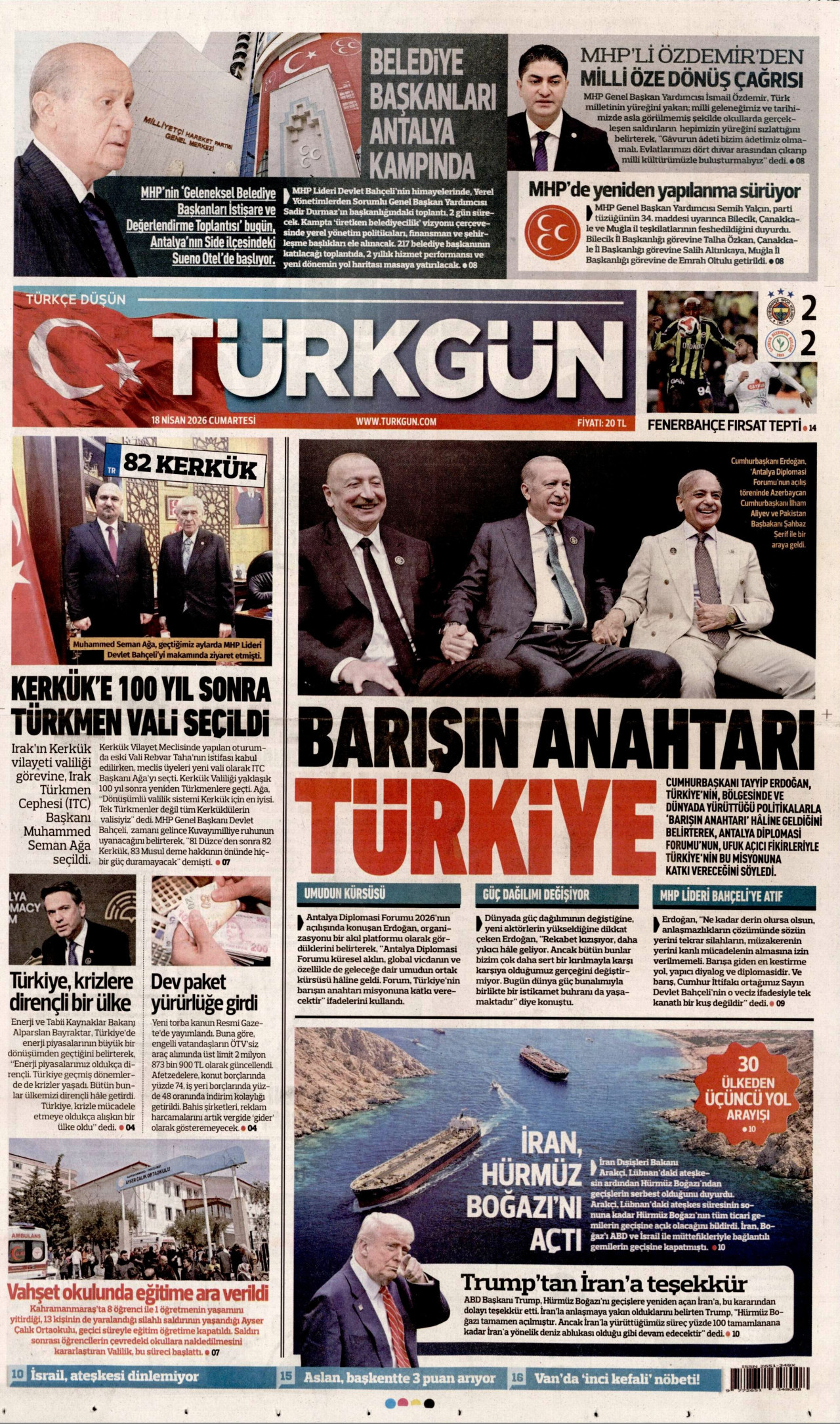TÜRKGÜN gazetesinin 18 Nisan 2026 tarihli birinci sayfası