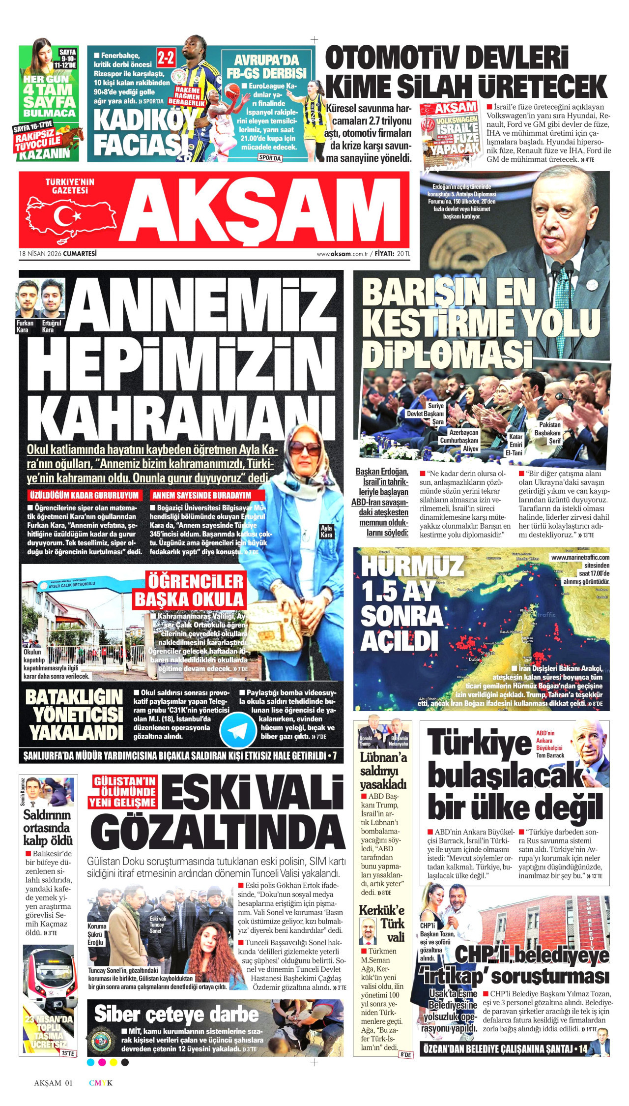 AKŞAM gazetesinin 18 Nisan 2026 tarihli birinci sayfası