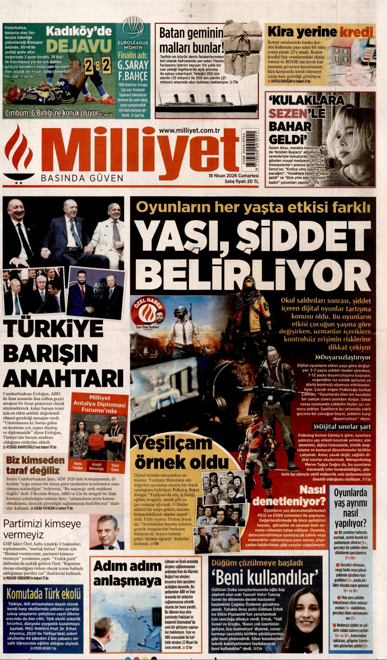 MİLLİYET gazetesinin 18 Nisan 2026 tarihli birinci sayfası