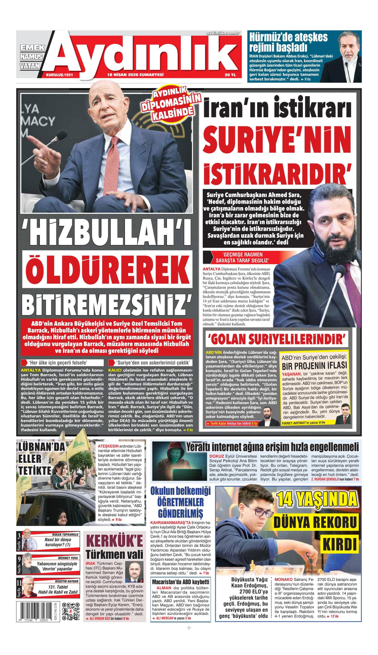 AYDINLIK GAZETESİ gazetesinin 18 Nisan 2026 tarihli birinci sayfası