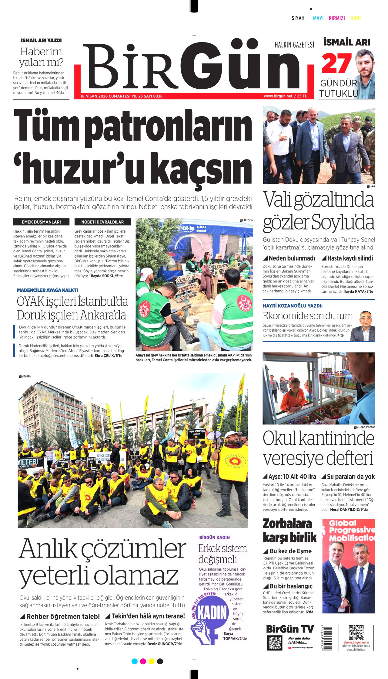 BİRGÜN gazetesinin 18 Nisan 2026 tarihli birinci sayfası