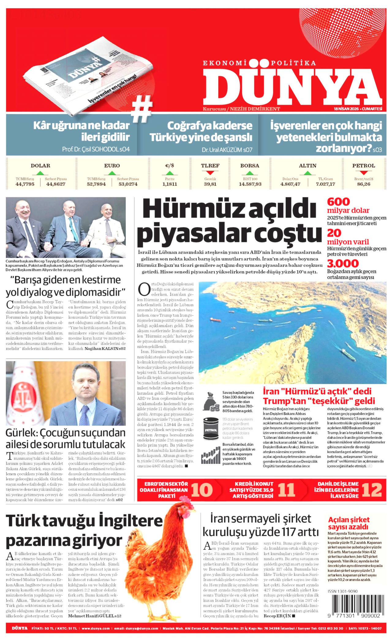 DÜNYA gazetesinin 18 Nisan 2026 tarihli birinci sayfası