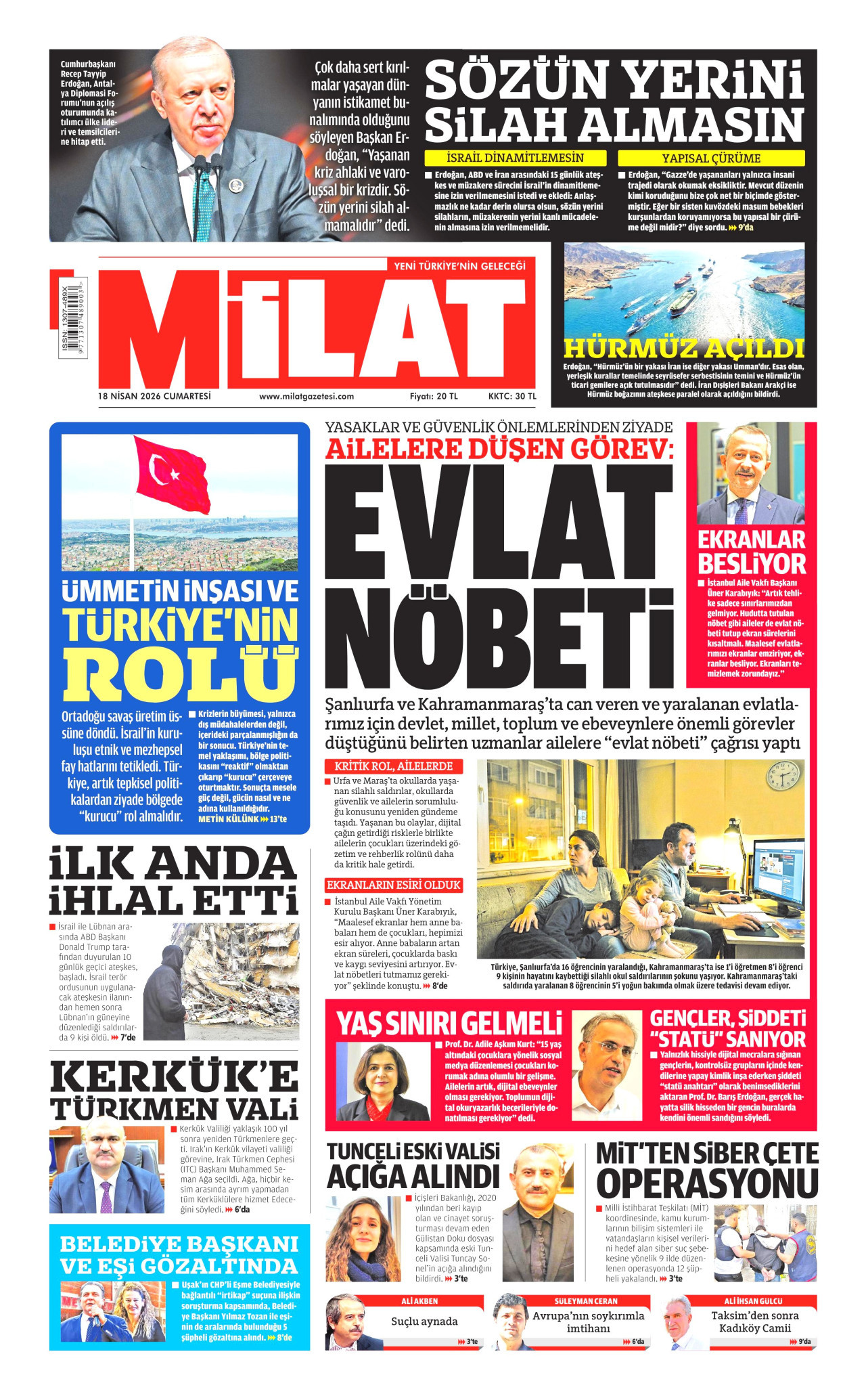 MİLAT gazetesinin 18 Nisan 2026 tarihli birinci sayfası