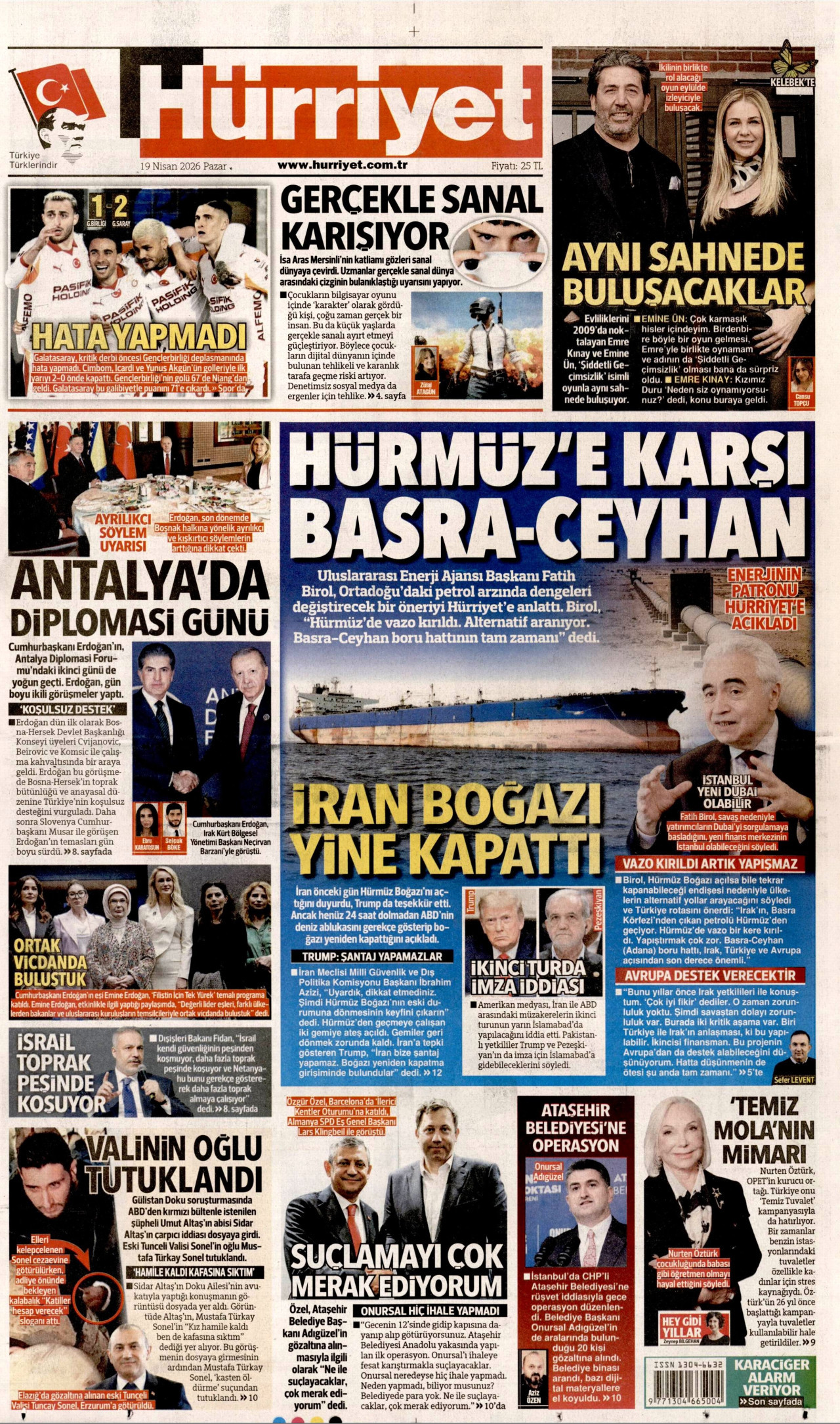 HÜRRİYET gazetesinin 19 Nisan 2026 tarihli birinci sayfası