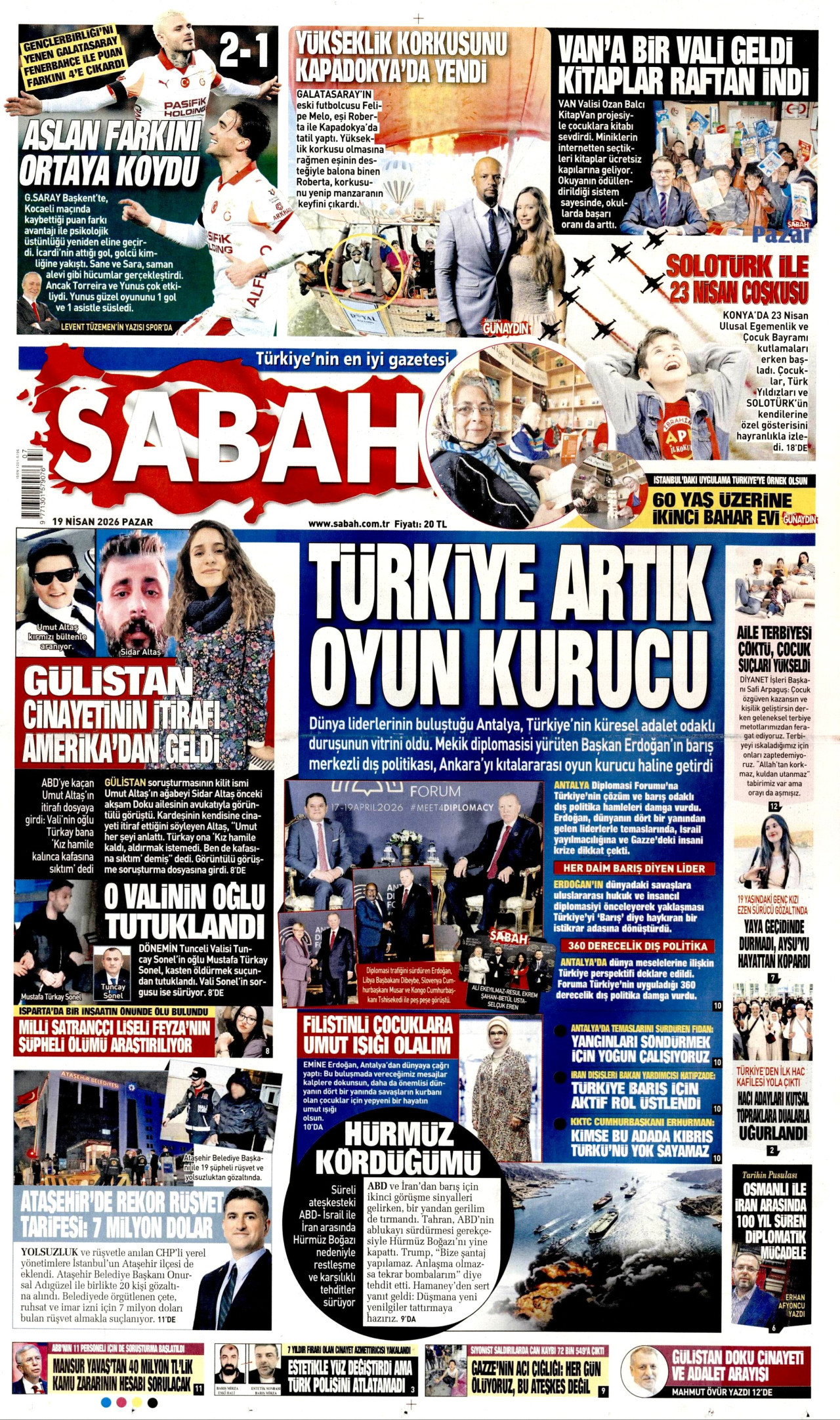 SABAH gazetesinin 19 Nisan 2026 tarihli birinci sayfası