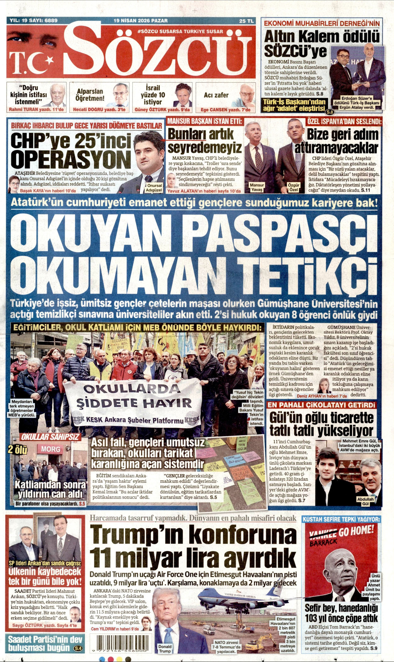 SÖZCÜ gazetesinin 19 Nisan 2026 tarihli birinci sayfası