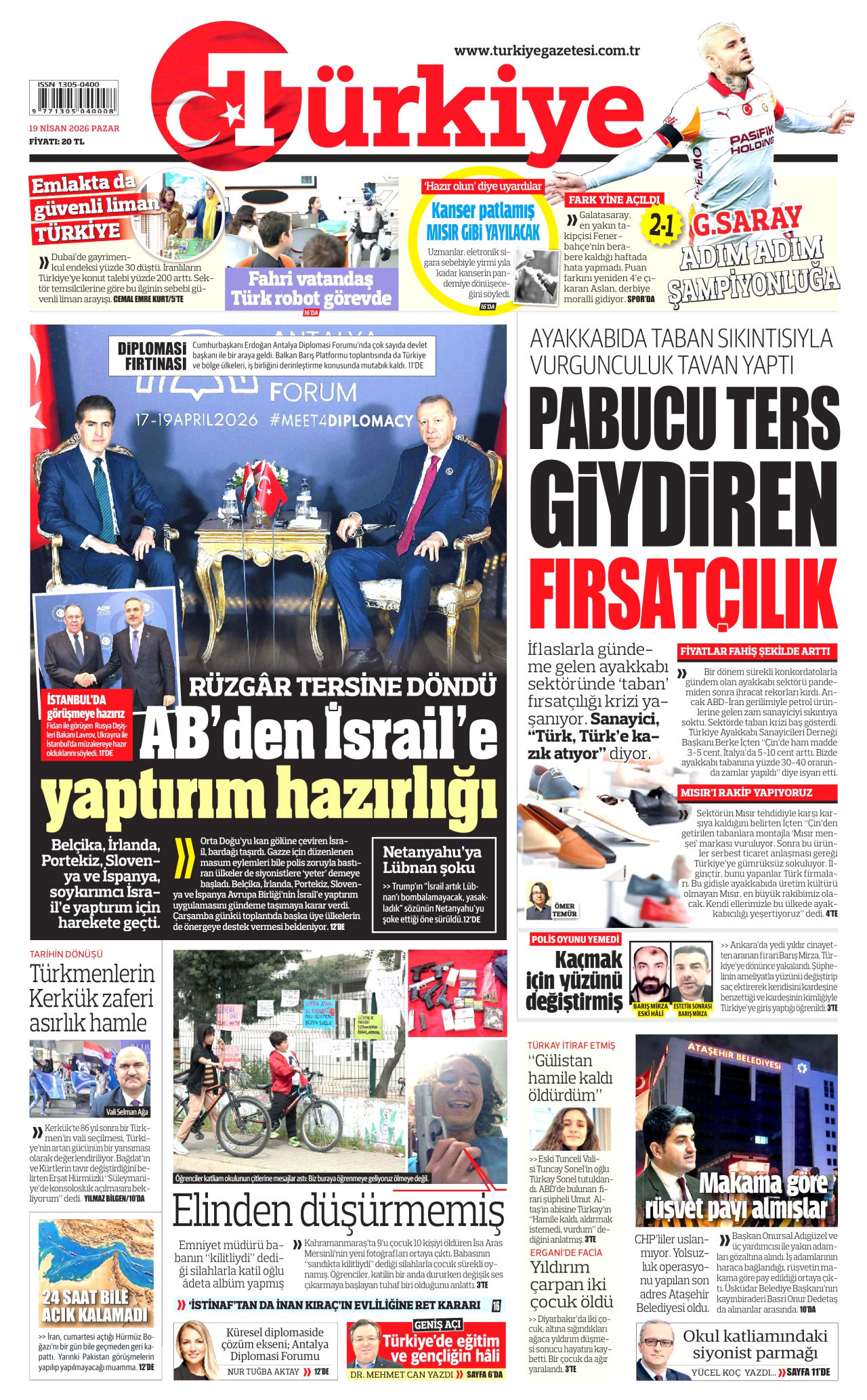 TÜRKİYE GAZETESİ gazetesinin 19 Nisan 2026 tarihli birinci sayfası