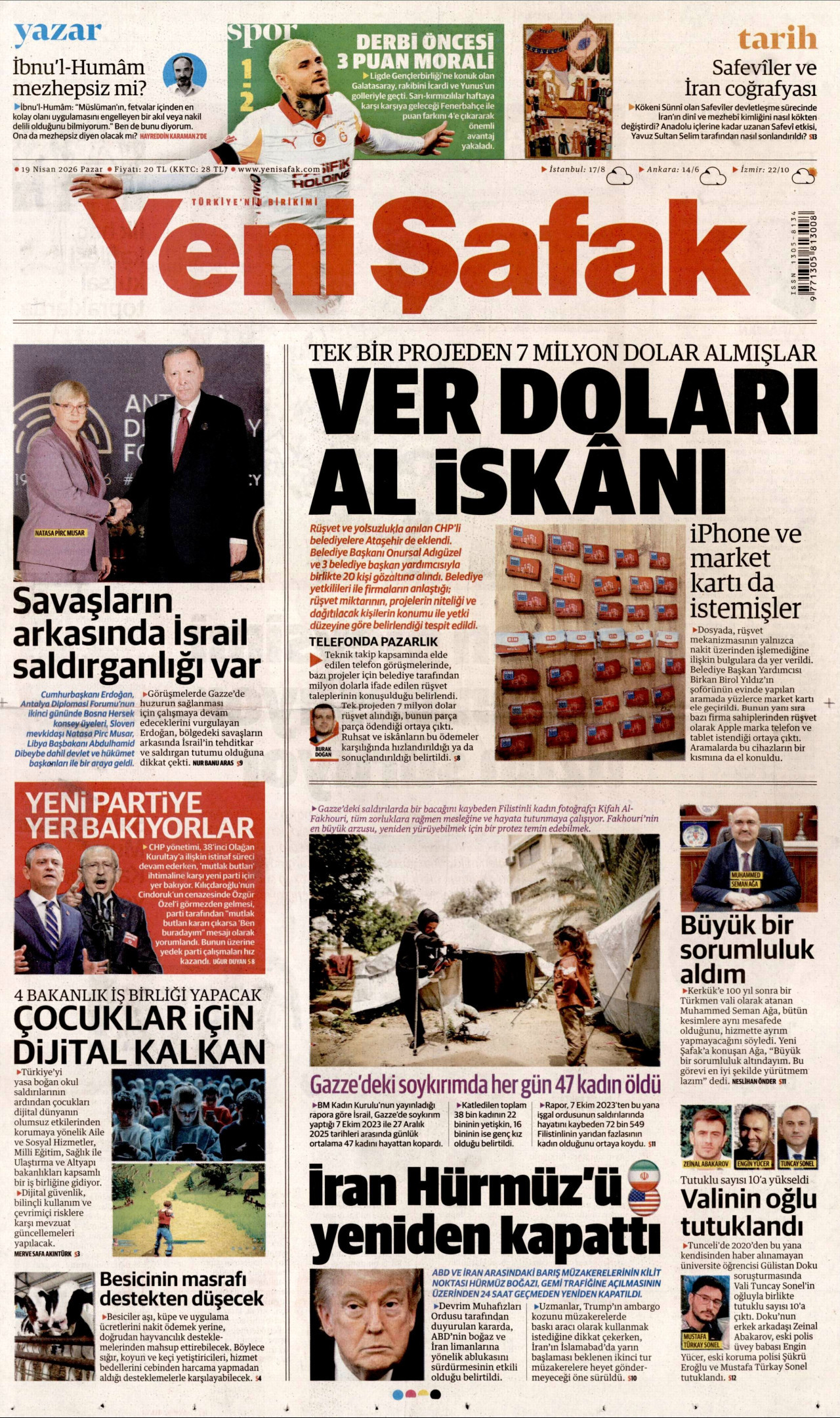 YENİ ŞAFAK gazetesinin 19 Nisan 2026 tarihli birinci sayfası