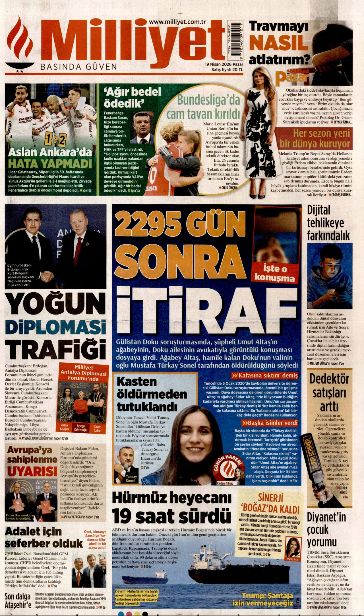 MİLLİYET gazetesinin 19 Nisan 2026 tarihli birinci sayfası