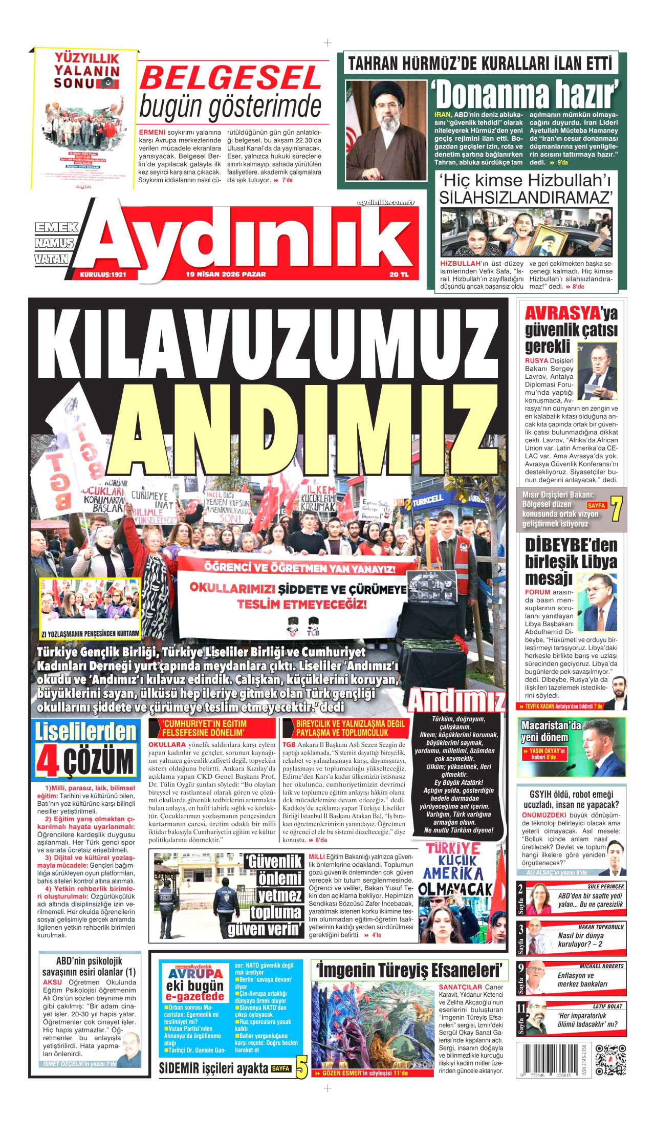 AYDINLIK GAZETESİ gazetesinin 19 Nisan 2026 tarihli birinci sayfası