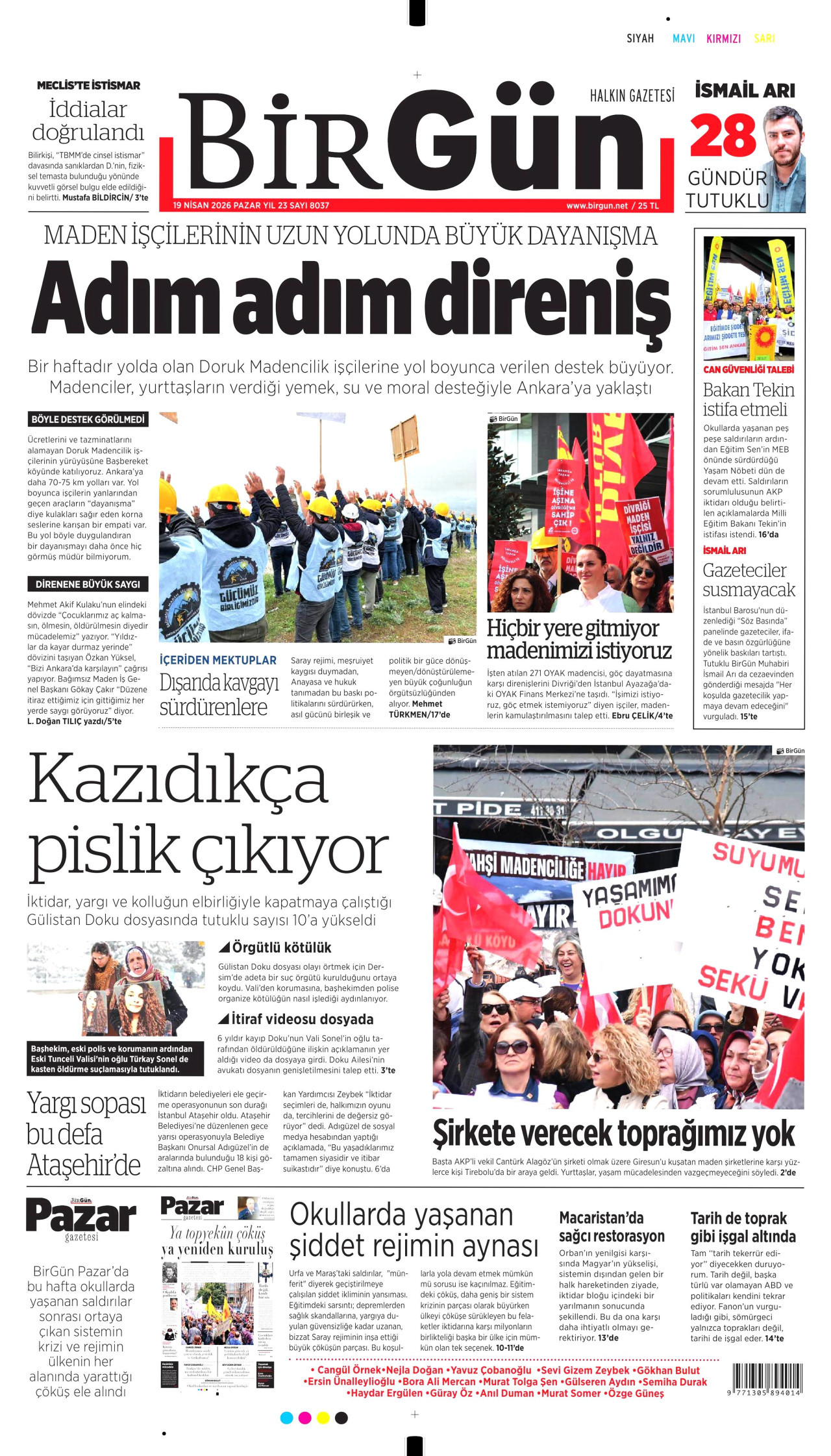 BİRGÜN gazetesinin 19 Nisan 2026 tarihli birinci sayfası