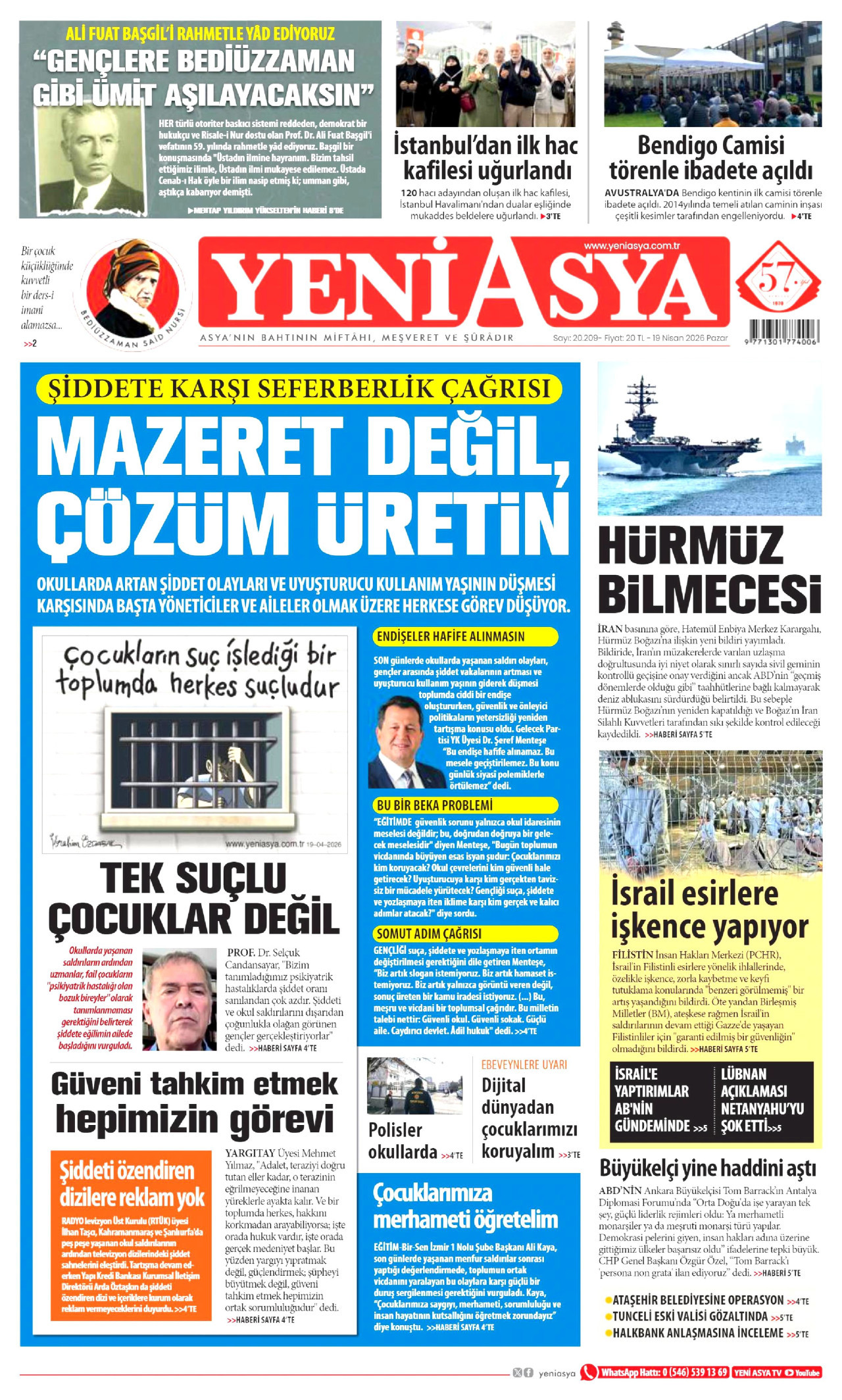 YENİ ASYA gazetesinin 19 Nisan 2026 tarihli birinci sayfası